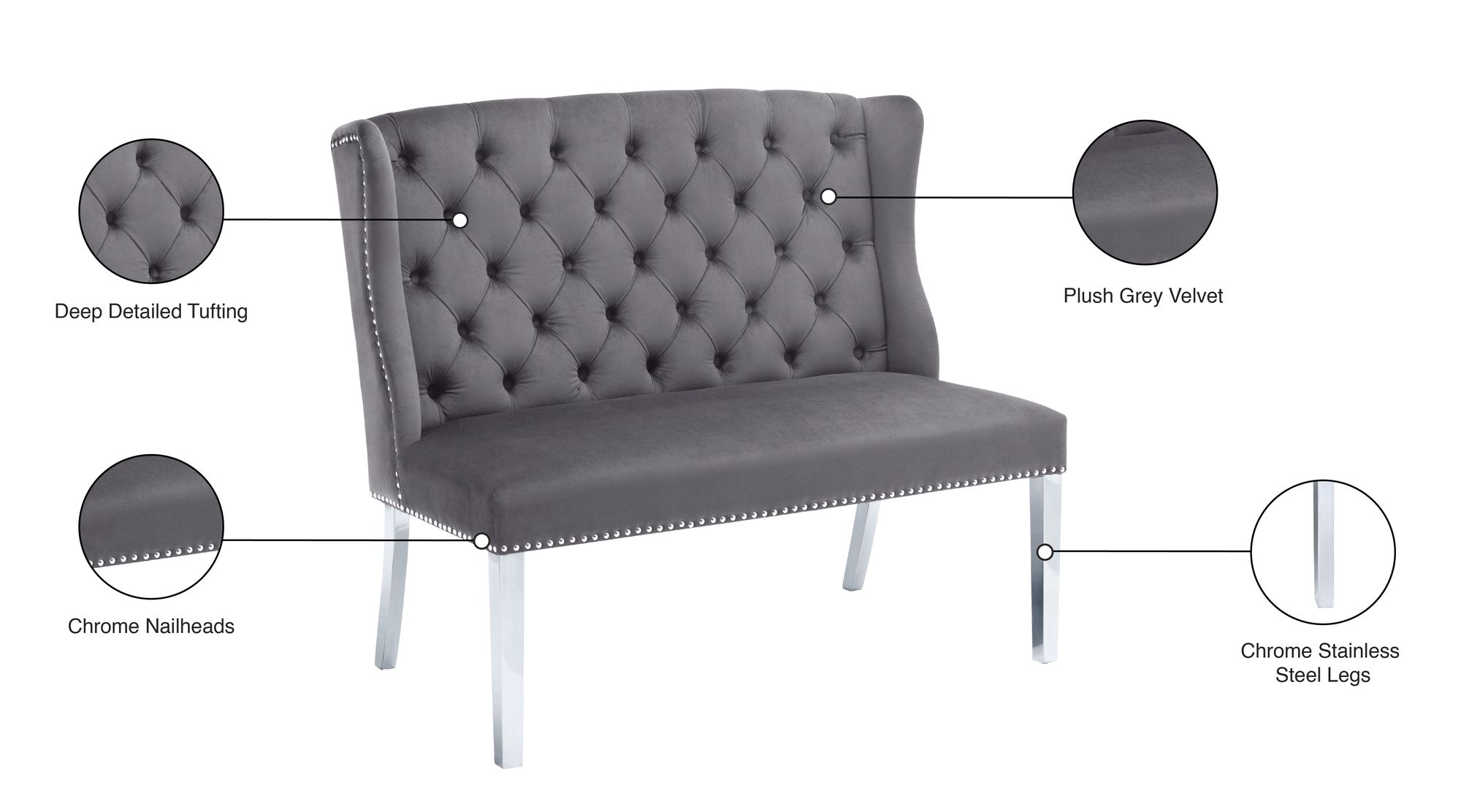 Suri Velvet Settee Bench with Chrome Stainless Steel Legs