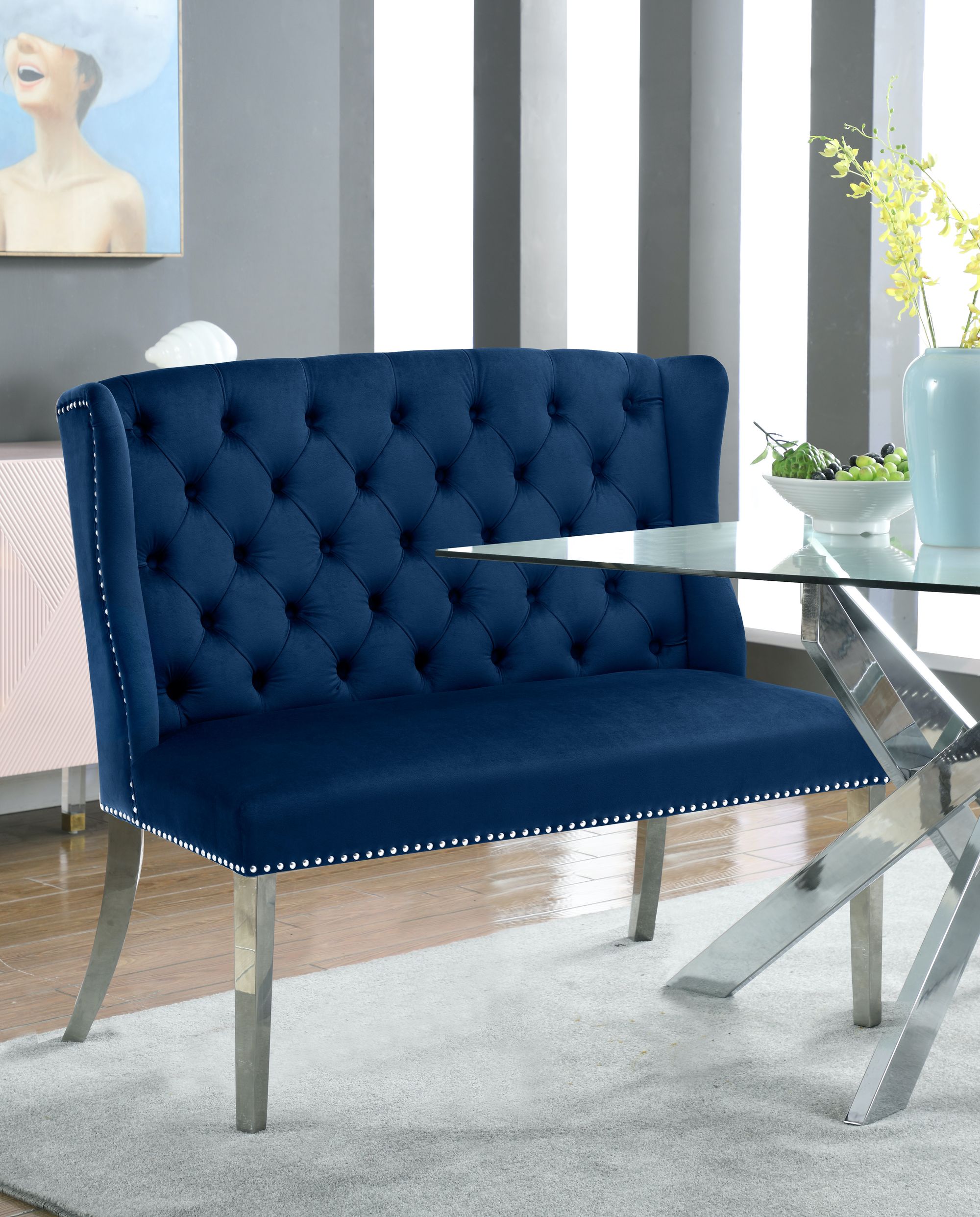 Suri Velvet Settee Bench with Chrome Stainless Steel Legs