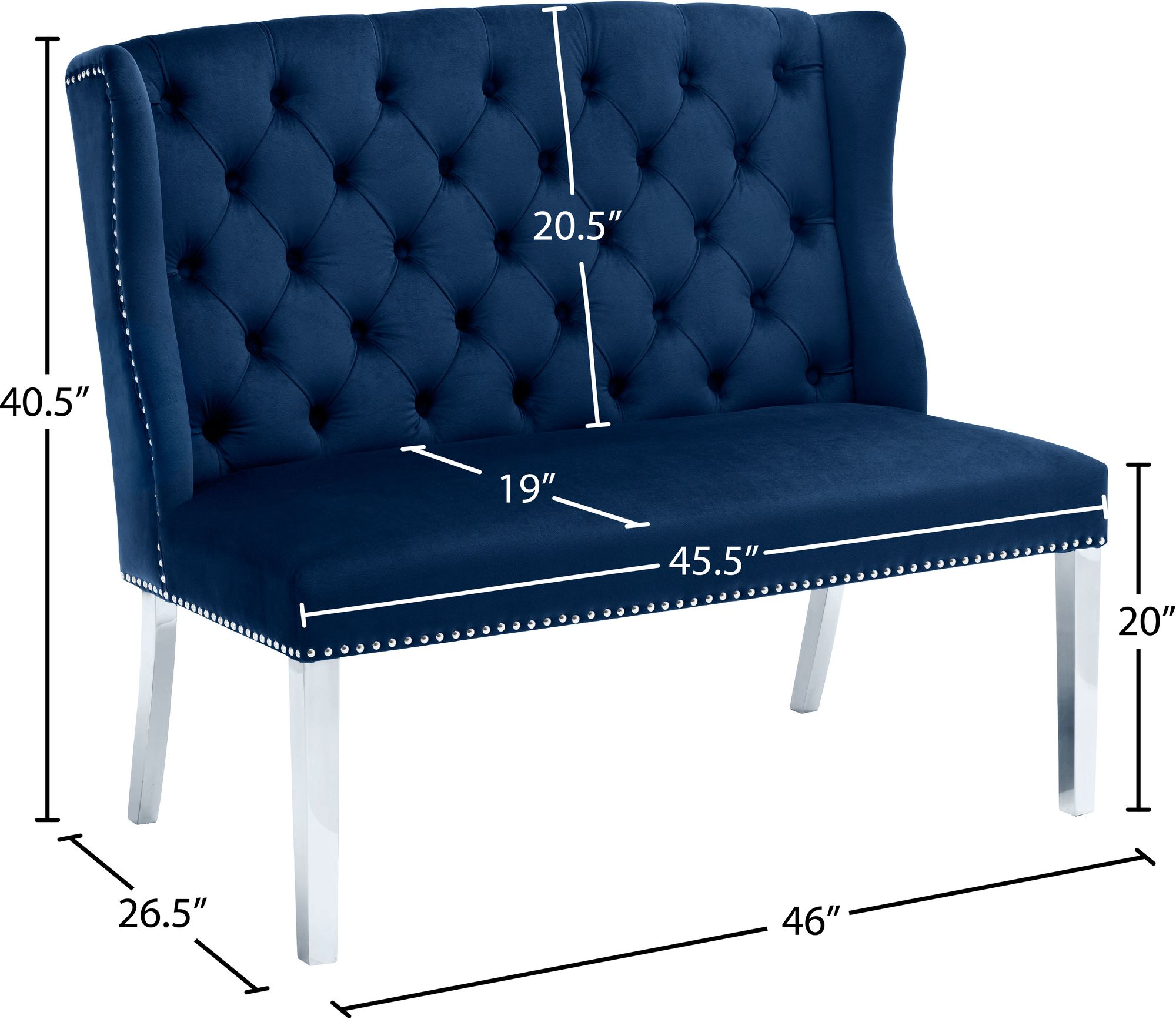 Suri Velvet Settee Bench with Chrome Stainless Steel Legs