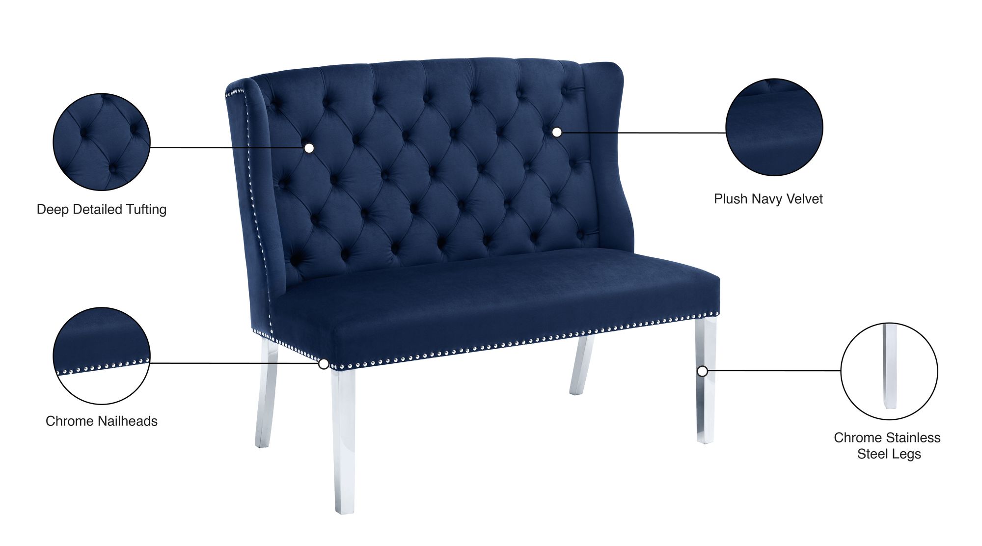 Suri Velvet Settee Bench with Chrome Stainless Steel Legs