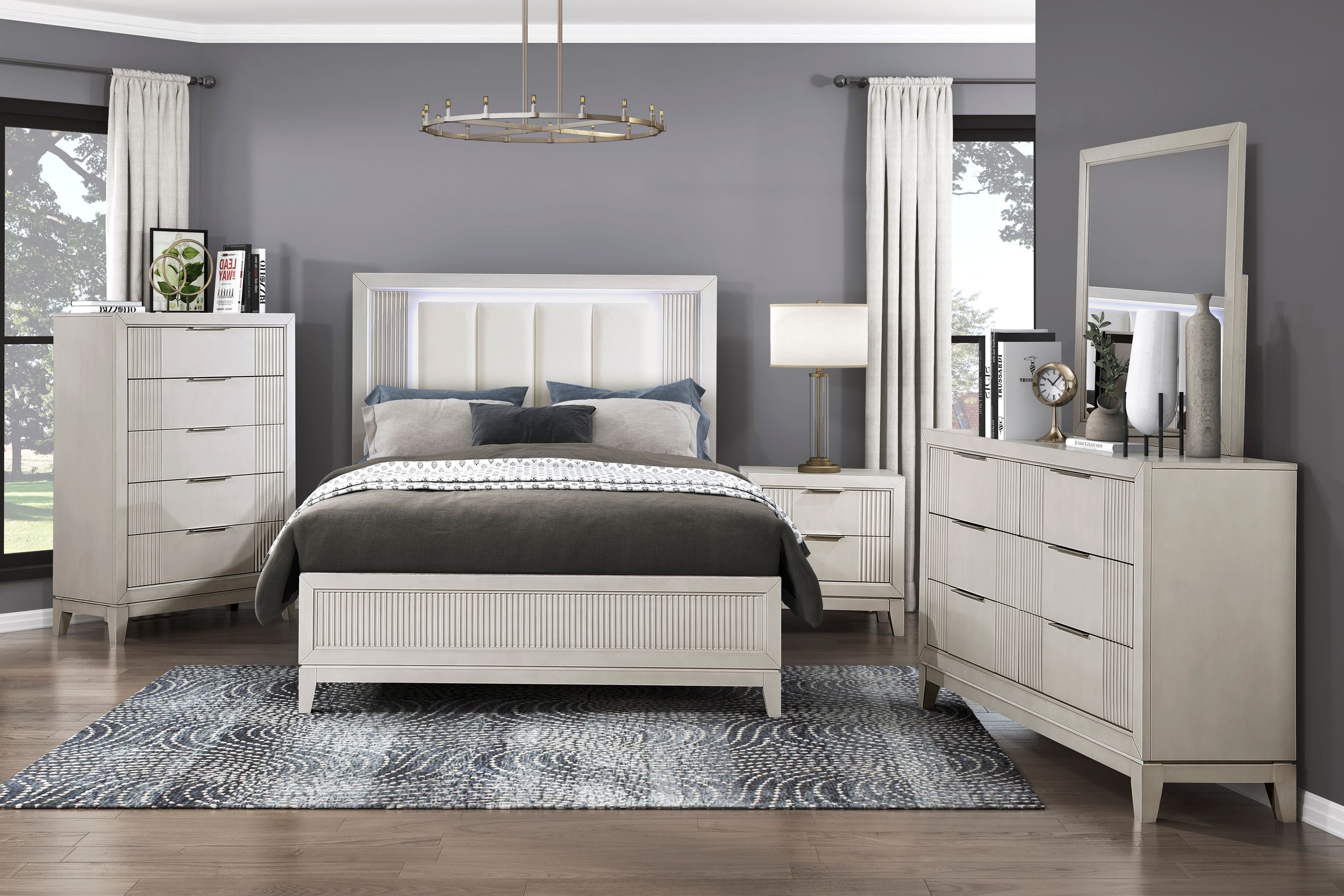 Florence Polyester/Wood California King Panel Bed with LED Lighting