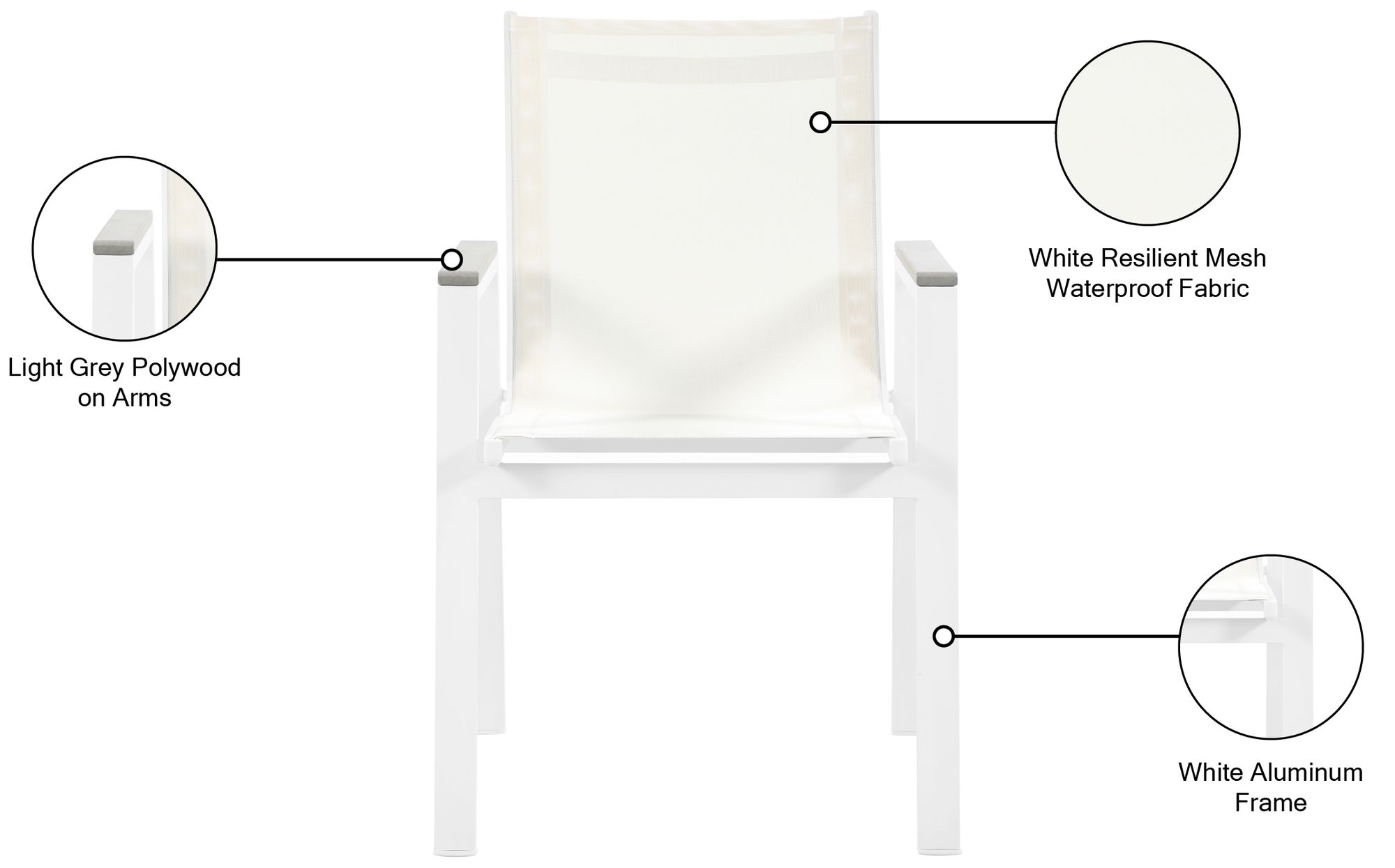 Nizuc Outdoor Patio Mesh Waterproof Fabric Dining Arm Chair with White Aluminum Frame
