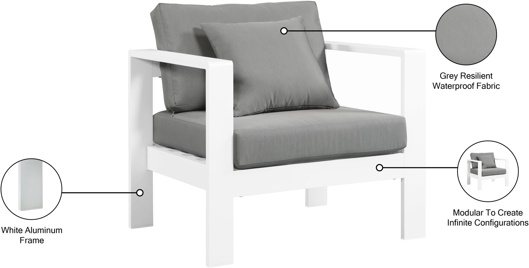 Nizuc Outdoor Patio Waterproof Fabric Modular Arm Chair with White Aluminum Frame