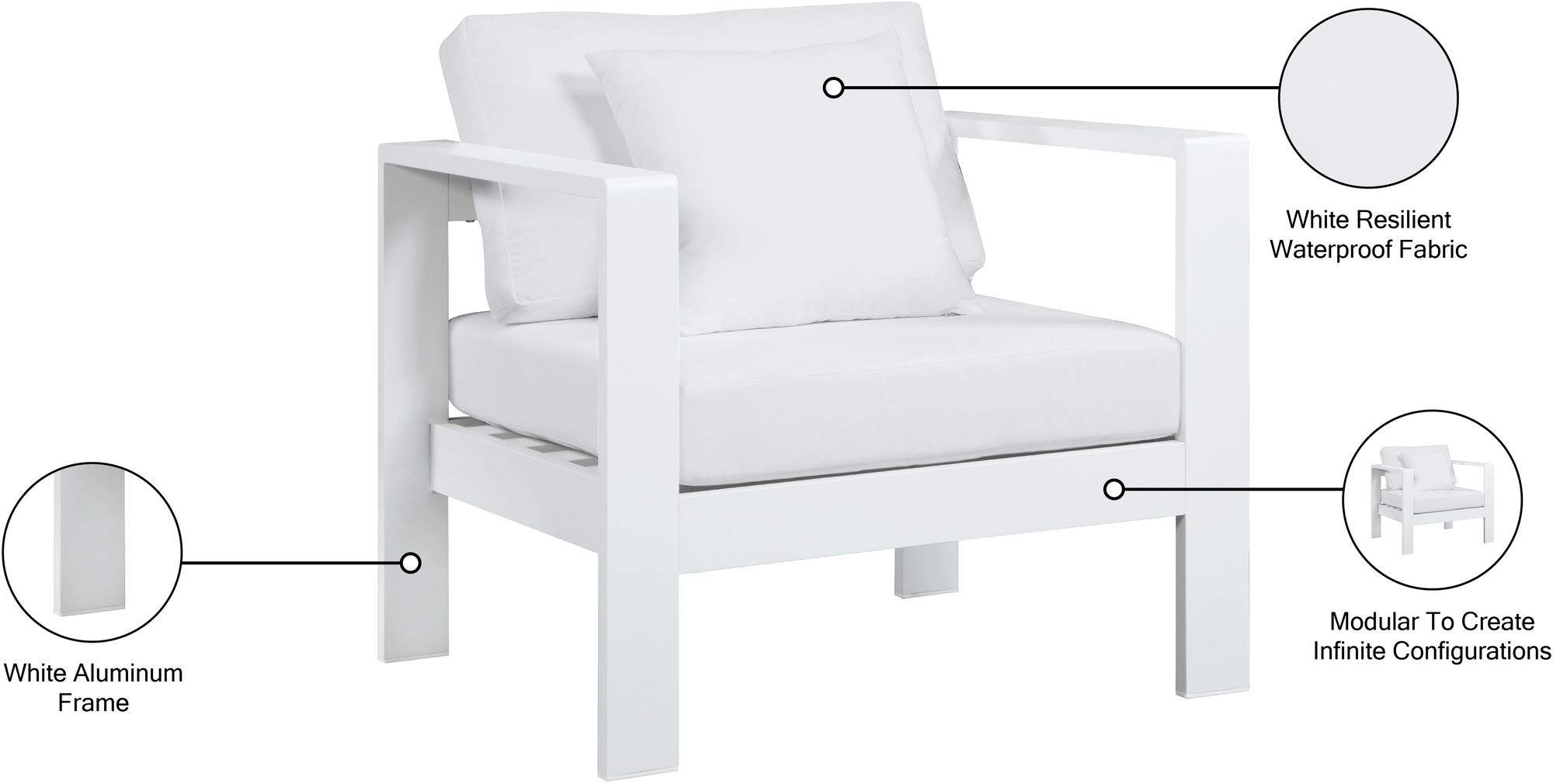 Nizuc Outdoor Patio Waterproof Fabric Modular Arm Chair with White Aluminum Frame