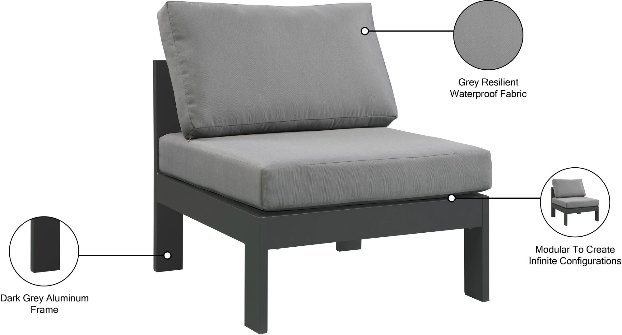Nizuc Outdoor Patio Waterproof Fabric Modular Armless Chair with Aluminum Frame