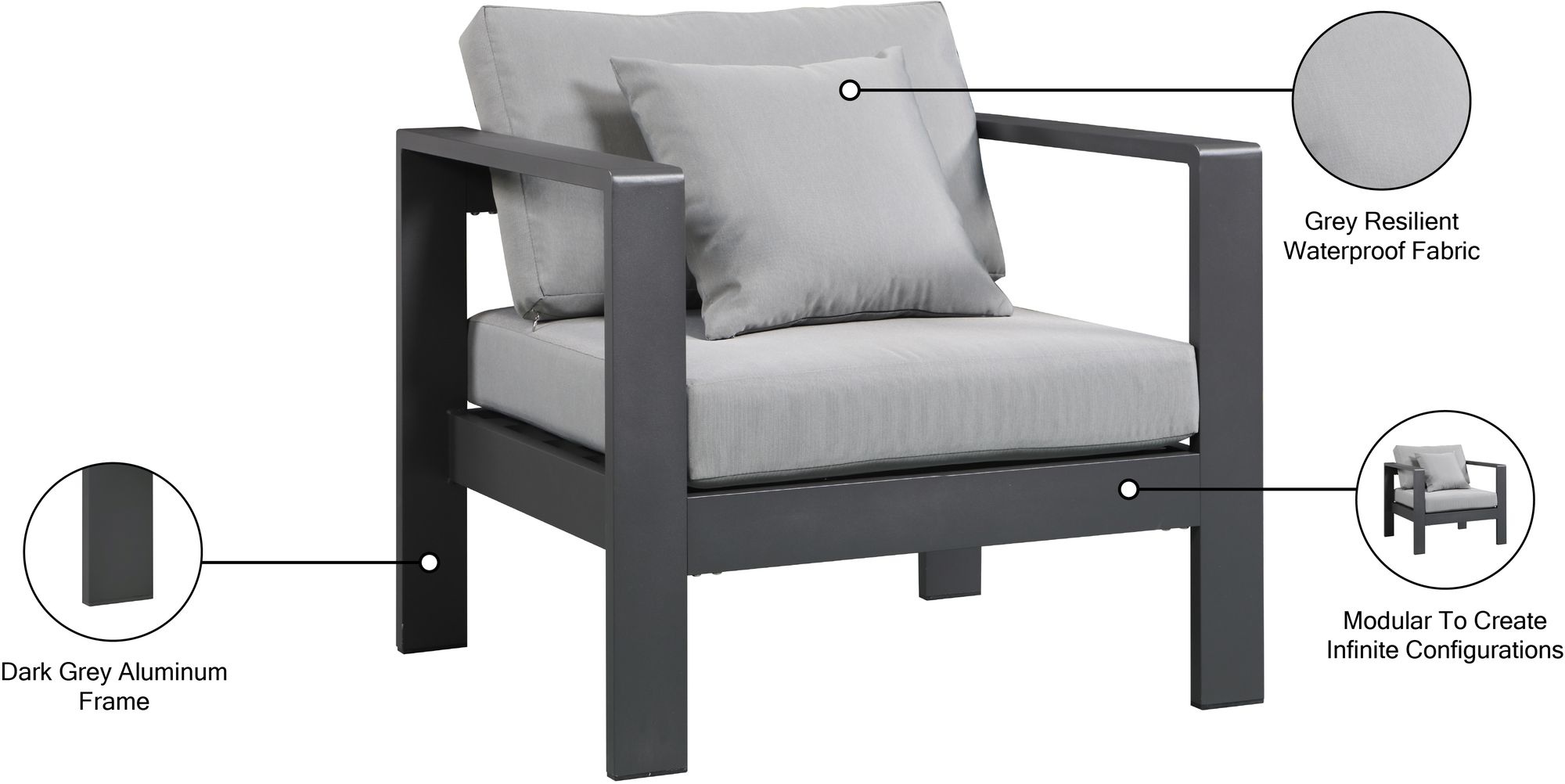 Nizuc Outdoor Patio Waterproof Fabric Modular Arm Chair with Dark Grey Aluminum Frame