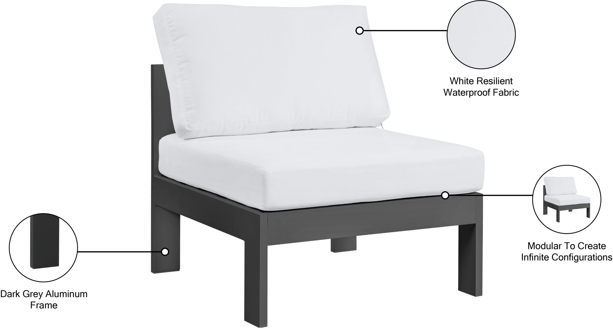 Nizuc Outdoor Patio Waterproof Fabric Modular Armless Chair with White Aluminum Frame