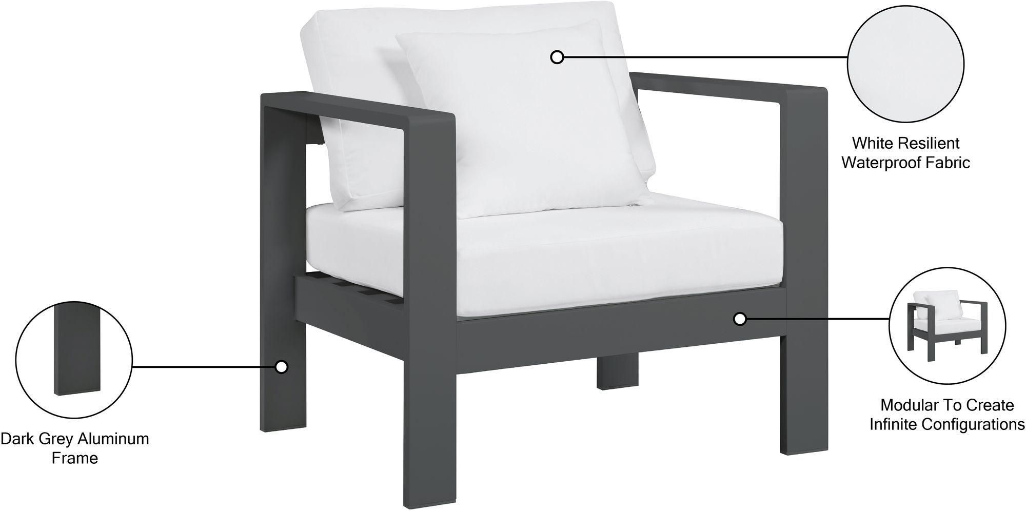 Nizuc Outdoor Patio Waterproof Fabric Modular Arm Chair with Dark Grey Aluminum Frame