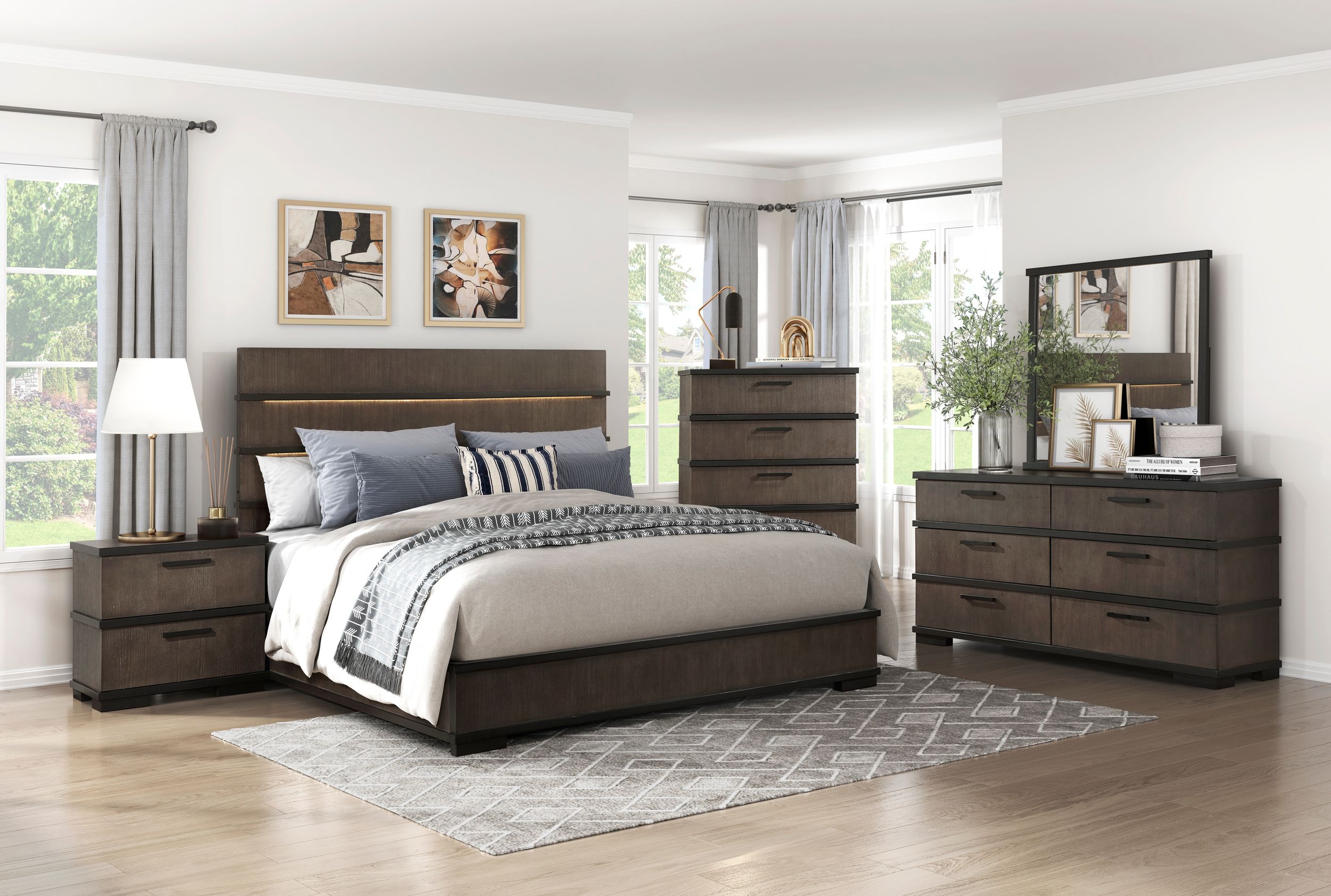 Acworth Wood/Wood Veneer Panel Bed with LED Lighting