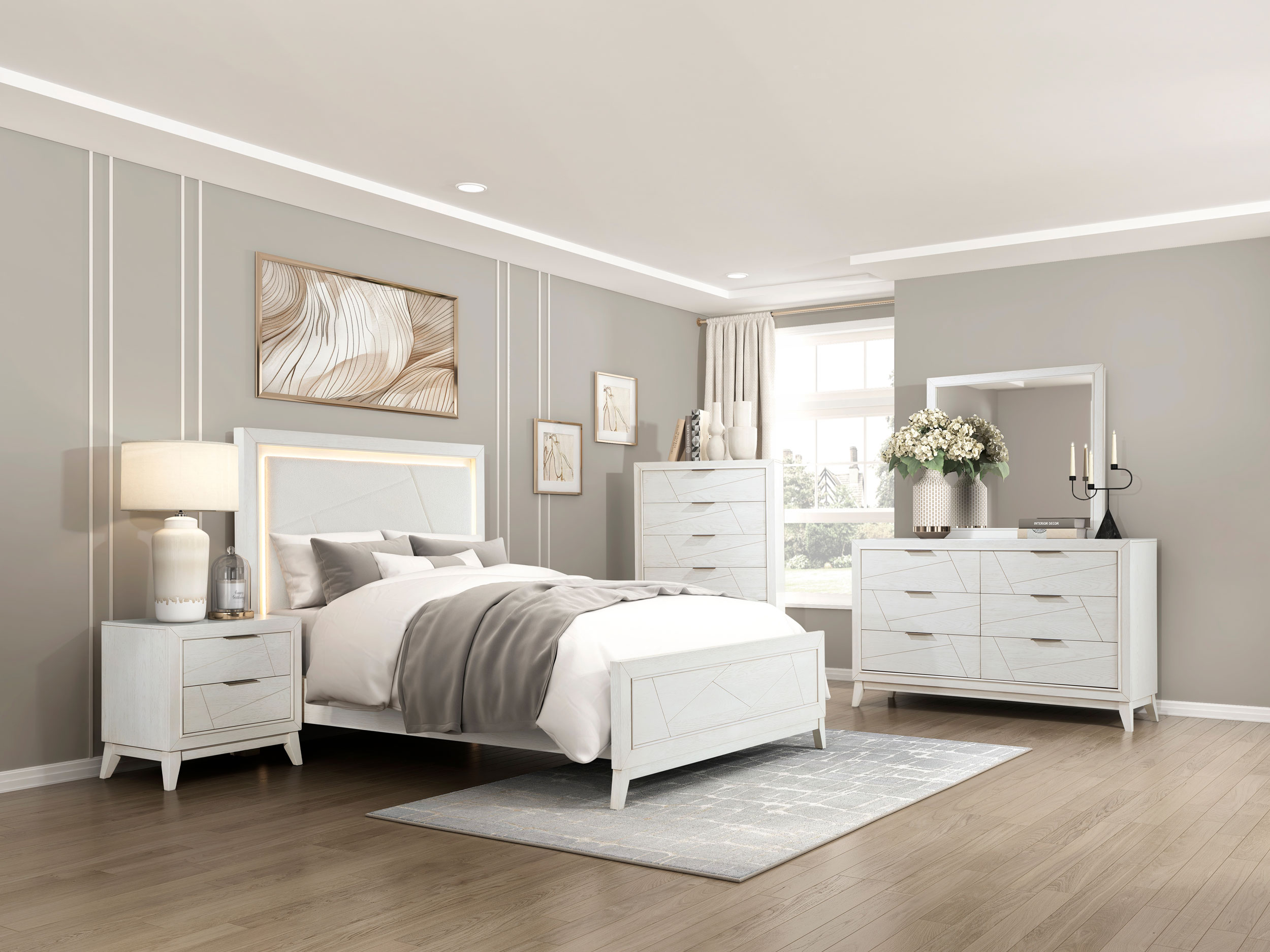 Asteria Chenille/Wood California King Panel Bed with LED Lighting