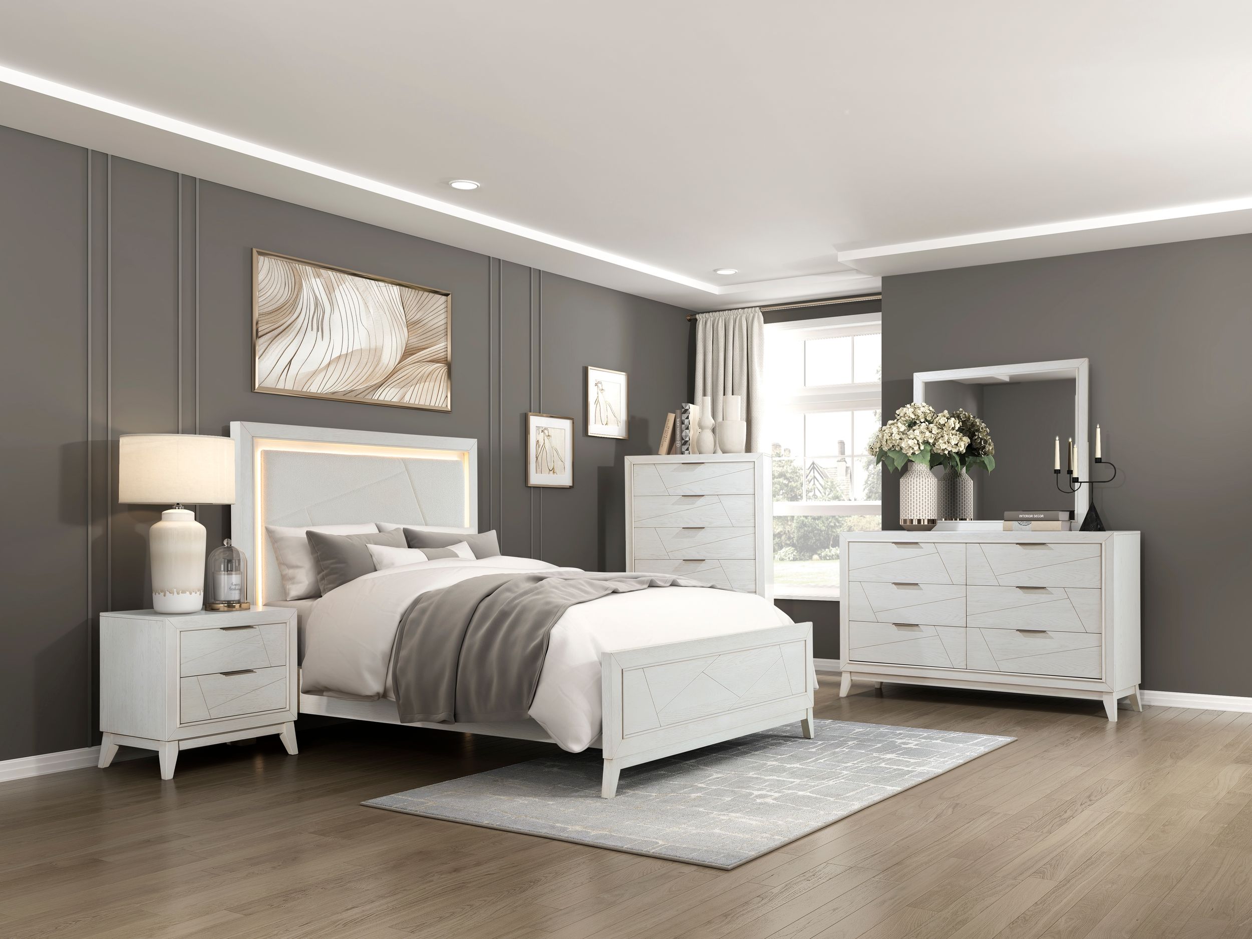 Asteria Chenille/Wood California King Panel Bed with LED Lighting