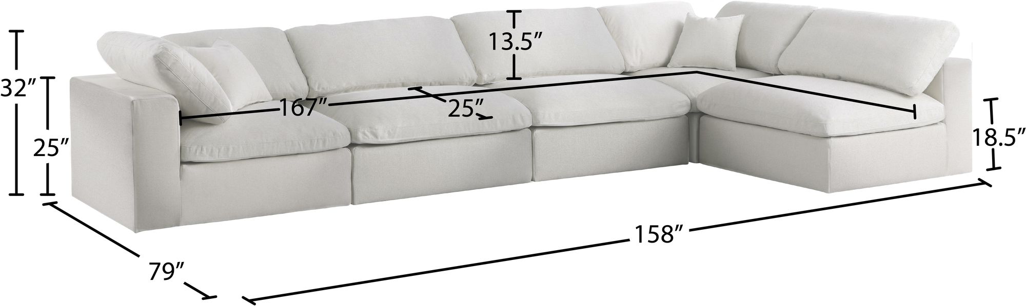 Serene 158" 5-Piece Linen Fabric Deluxe Comfort Modular Corner Sectional