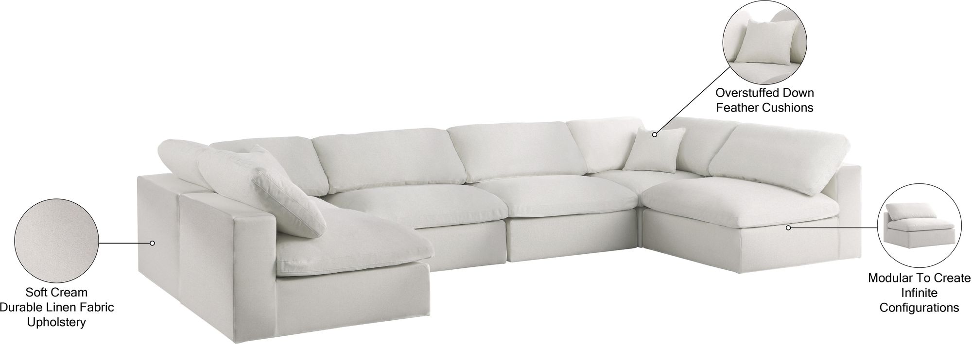 Serene 158" 6-Piece Linen Fabric Deluxe Comfort Modular U-Shape Corner Sectional