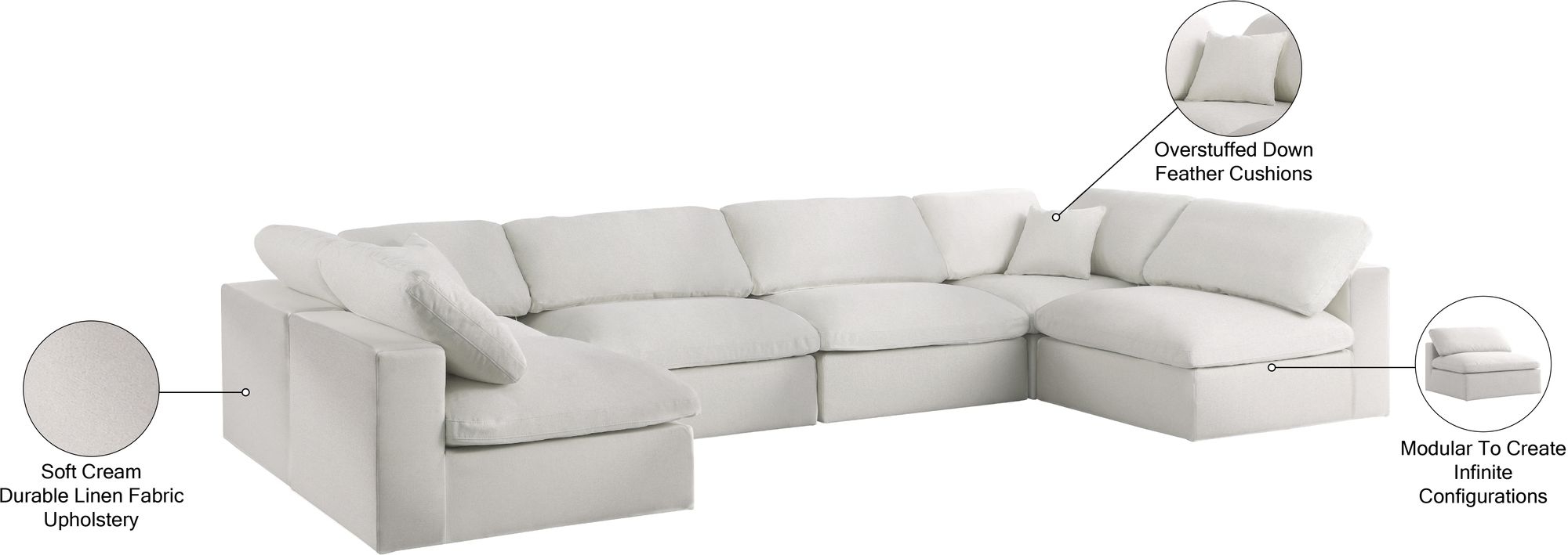 Serene 158" 6-Piece Linen Fabric Deluxe Comfort Modular U-Shape Corner Sectional
