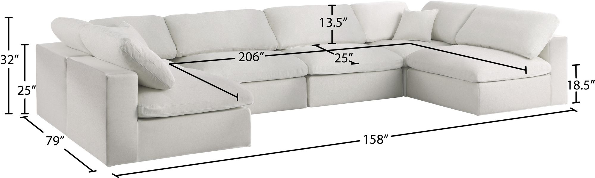 Serene 158" 6-Piece Linen Fabric Deluxe Comfort Modular U-Shape Corner Sectional