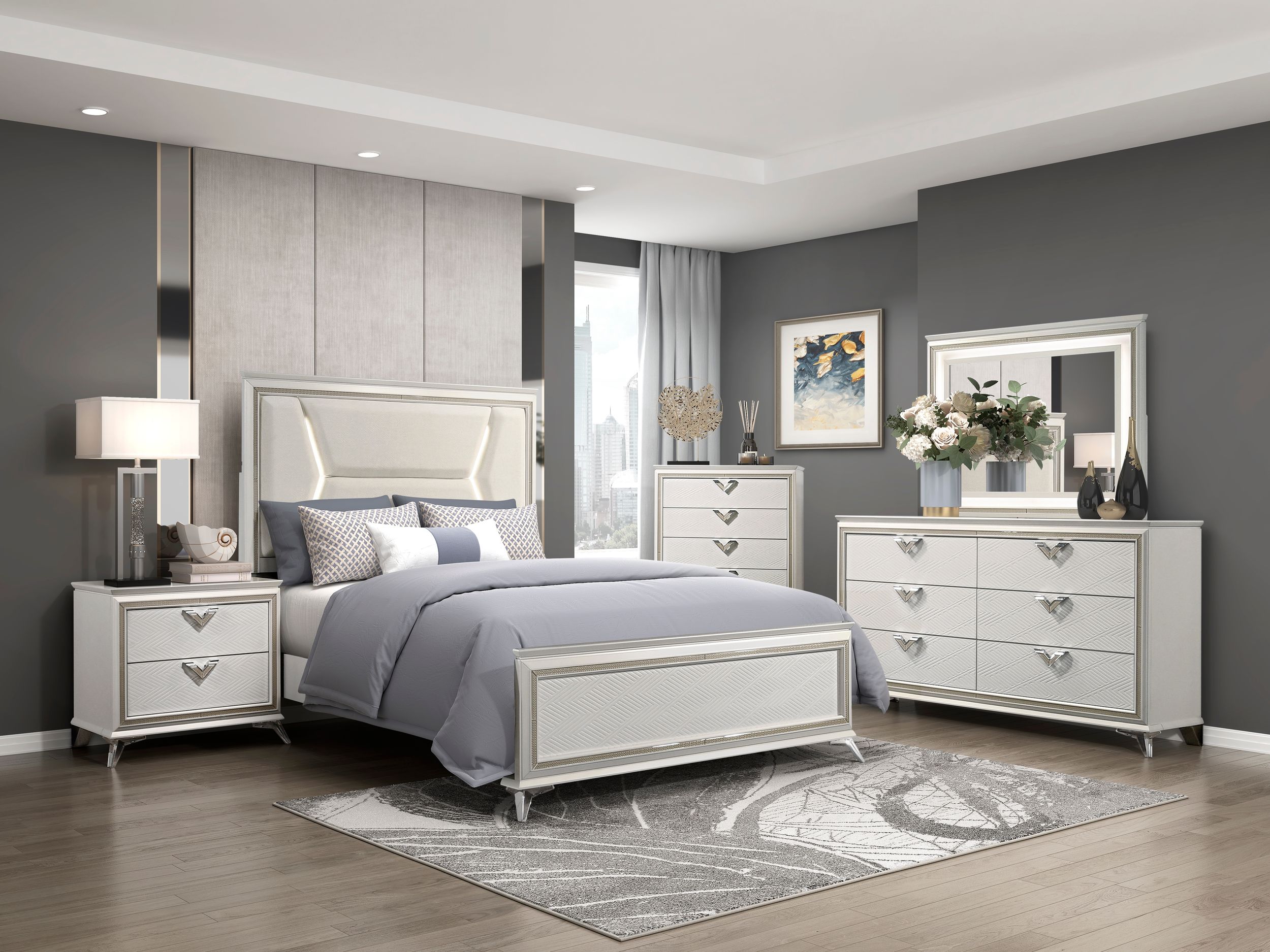 Audra Chenille/Wood Eastern King Panel Bed with LED Lighting