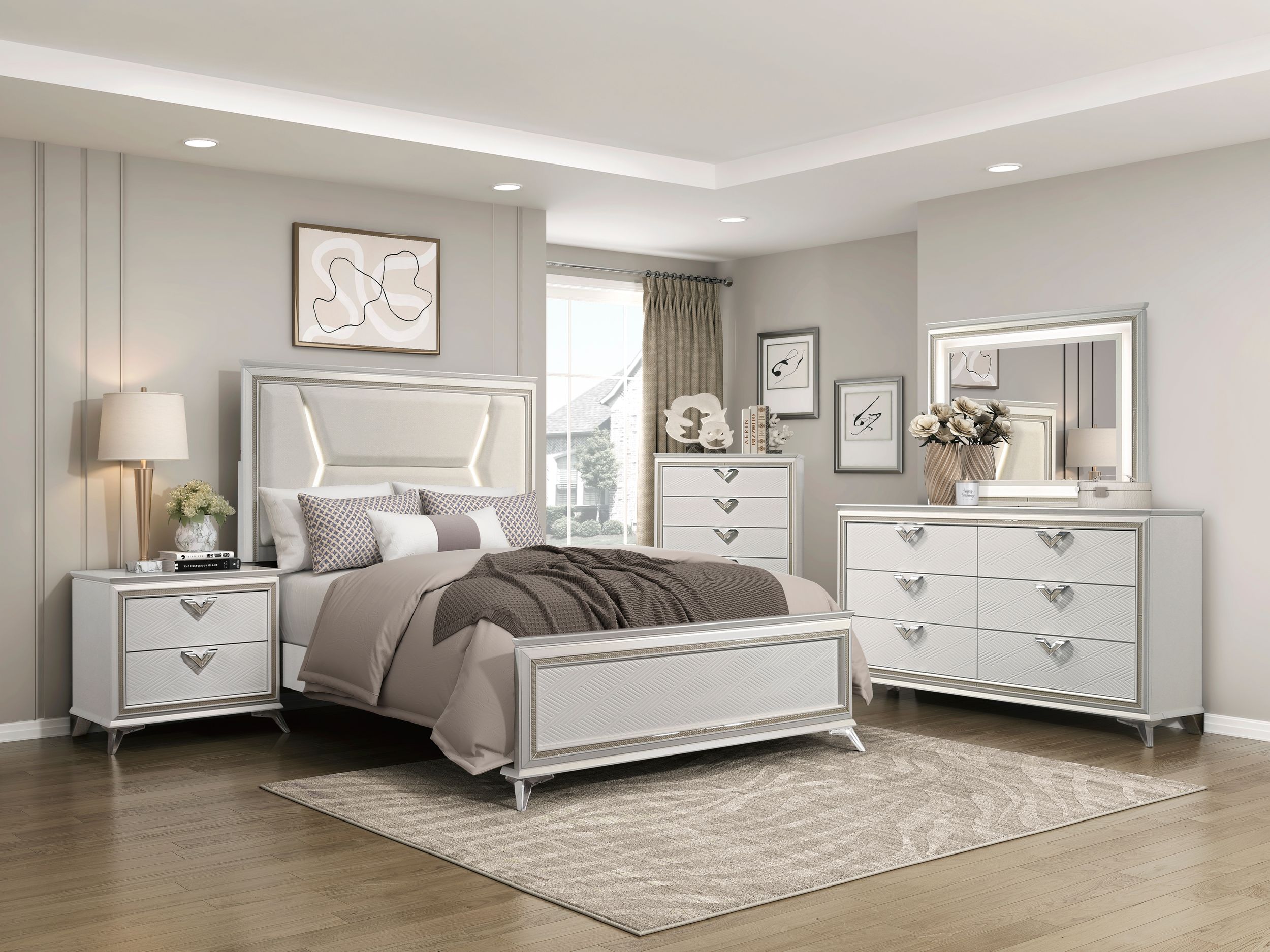 Audra Chenille/Wood California King Panel Bed with LED Lighting