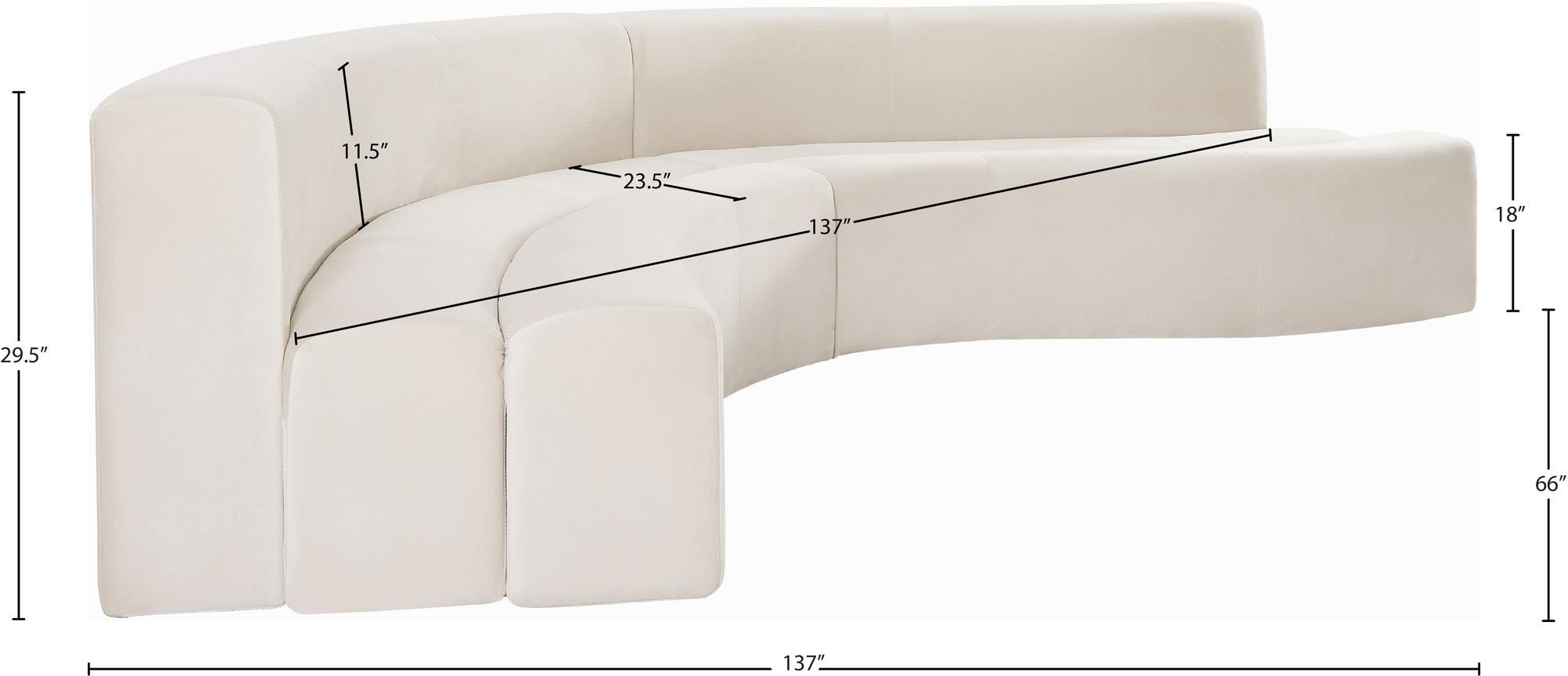 Curl 2-Piece Cream Velvet Sectional Size