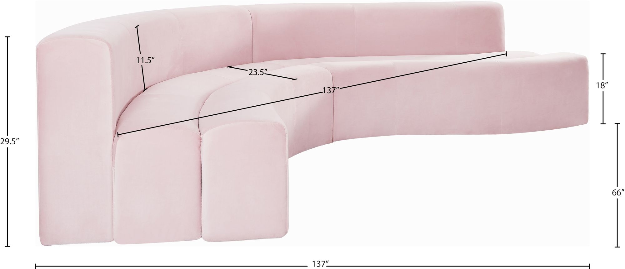 Curl 2-Piece Pink Velvet Sectional Size