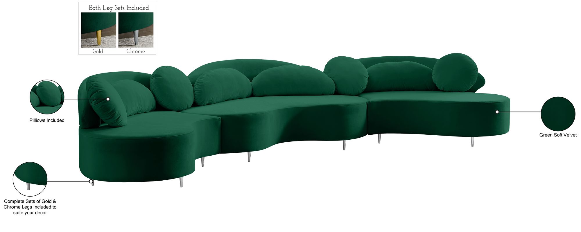 Vivacious 169" 3-Piece Velvet Sectional