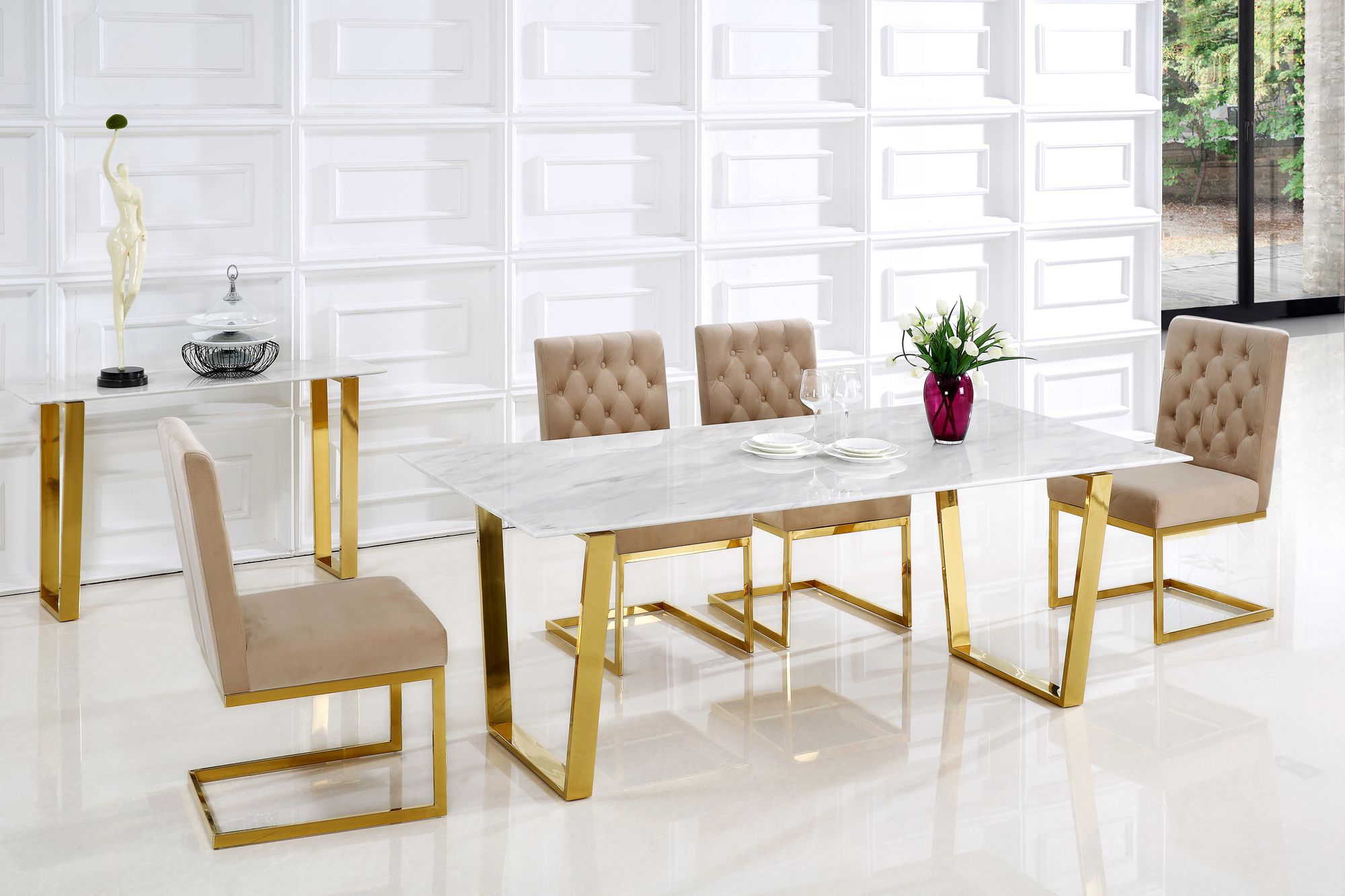 Cameron 78" Rectangular Genuine Stone Dining Table with Gold Stainless Steel Base