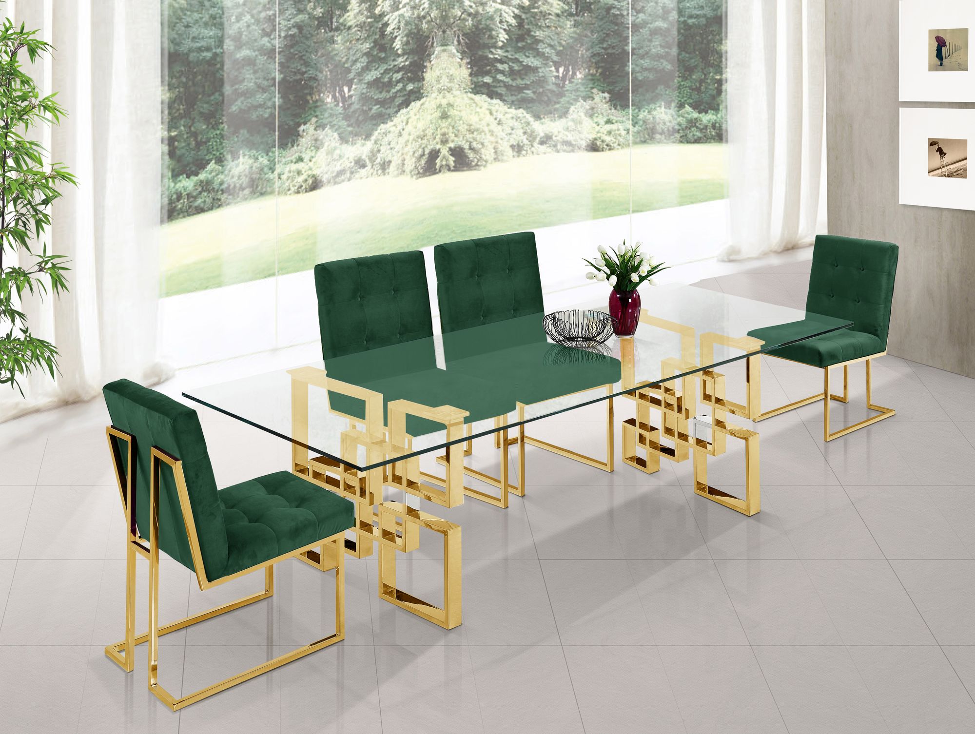 Pierre 78" Rectangular Glass Dining Table with Gold Stainless Steel Base