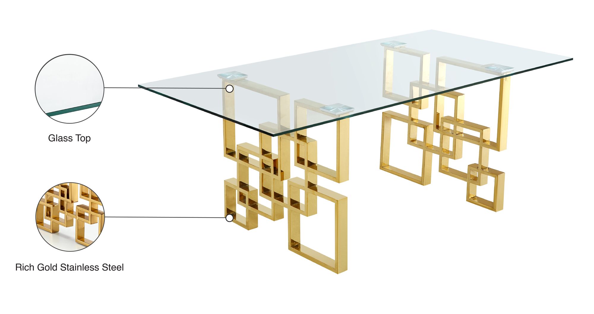 Pierre 78" Rectangular Glass Dining Table with Gold Stainless Steel Base