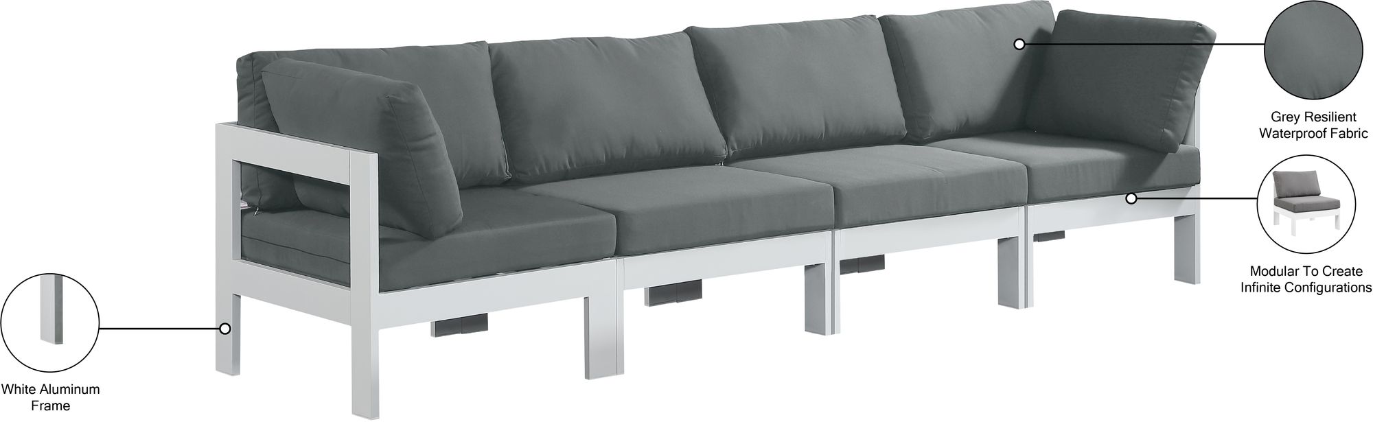 Nizuc 120" Outdoor Patio Waterproof Fabric Modular Sofa with White Aluminum Frame