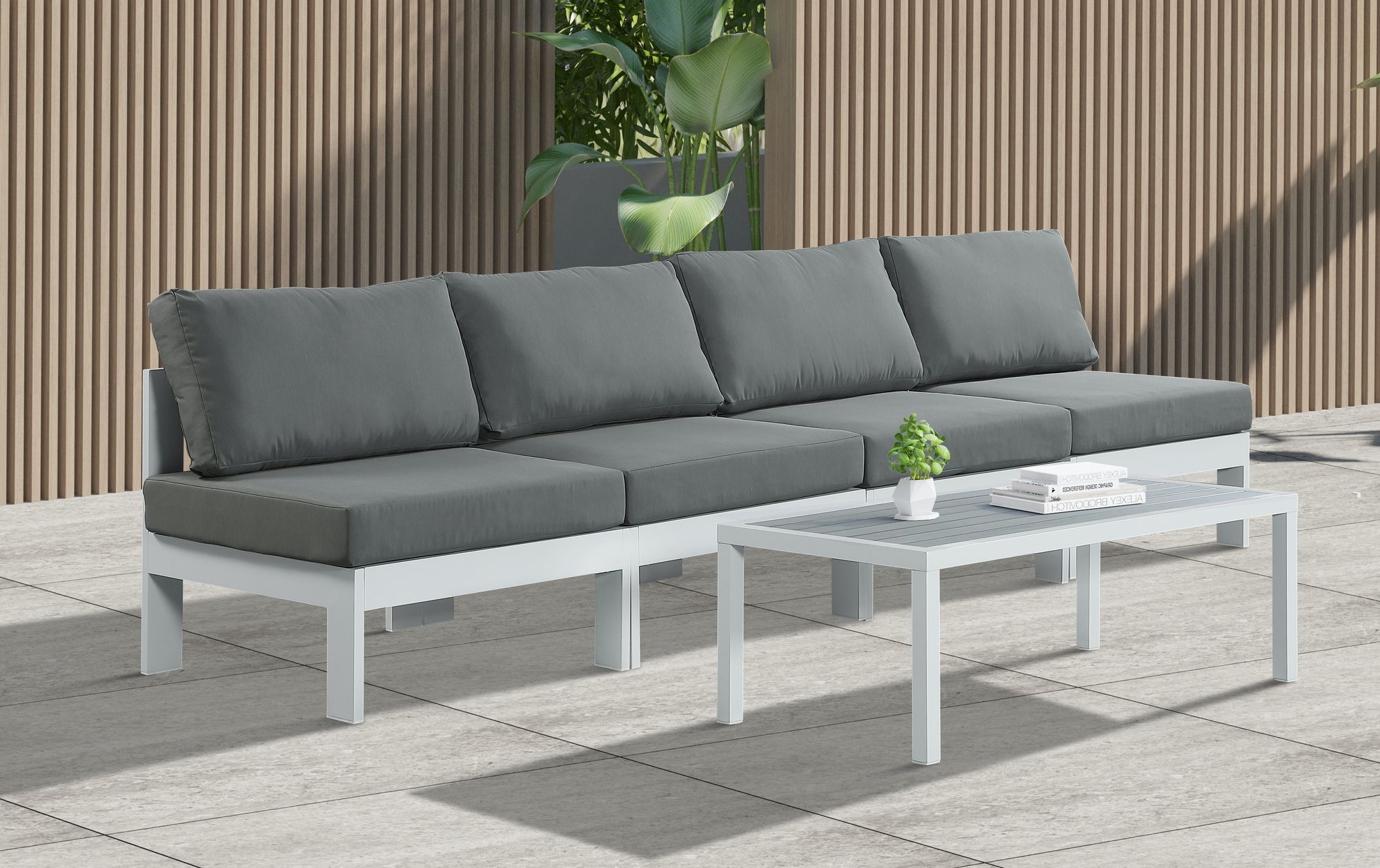Nizuc 120" Outdoor Patio Waterproof Fabric Armless Modular Sofa with White Aluminum Frame