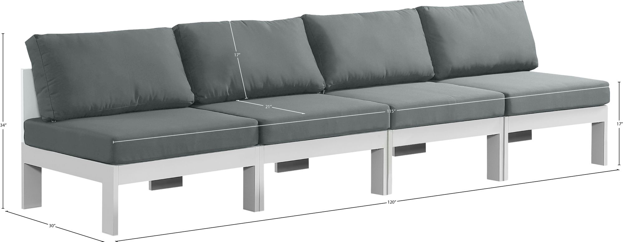 Nizuc 120" Outdoor Patio Waterproof Fabric Armless Modular Sofa with White Aluminum Frame