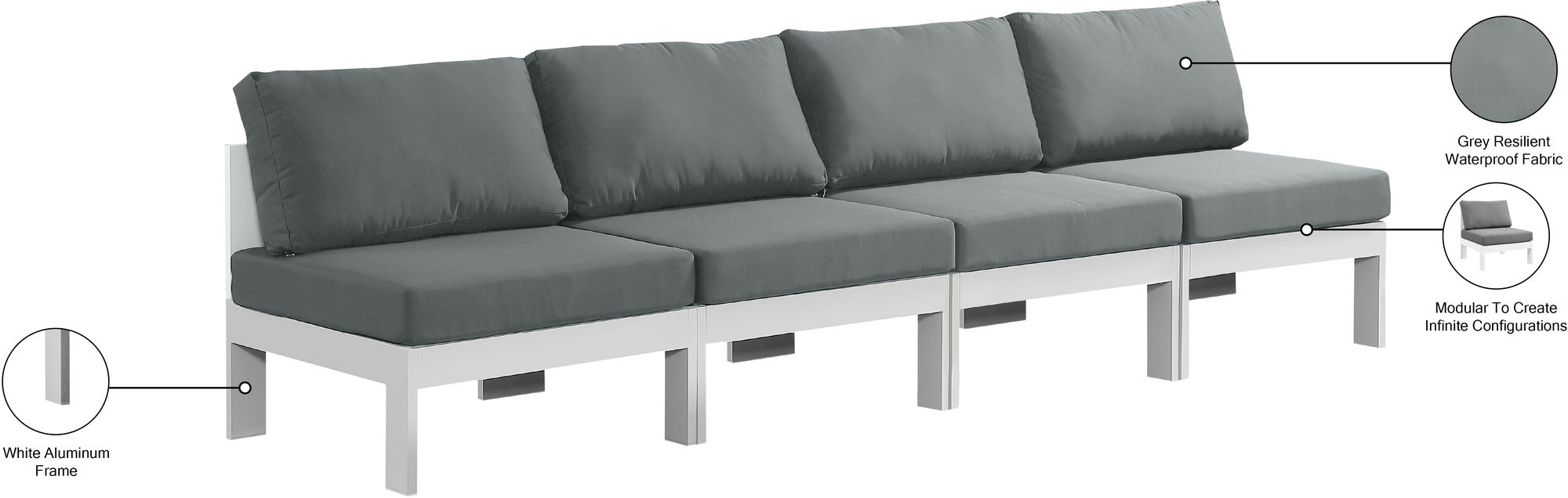Nizuc 120" Outdoor Patio Waterproof Fabric Armless Modular Sofa with White Aluminum Frame