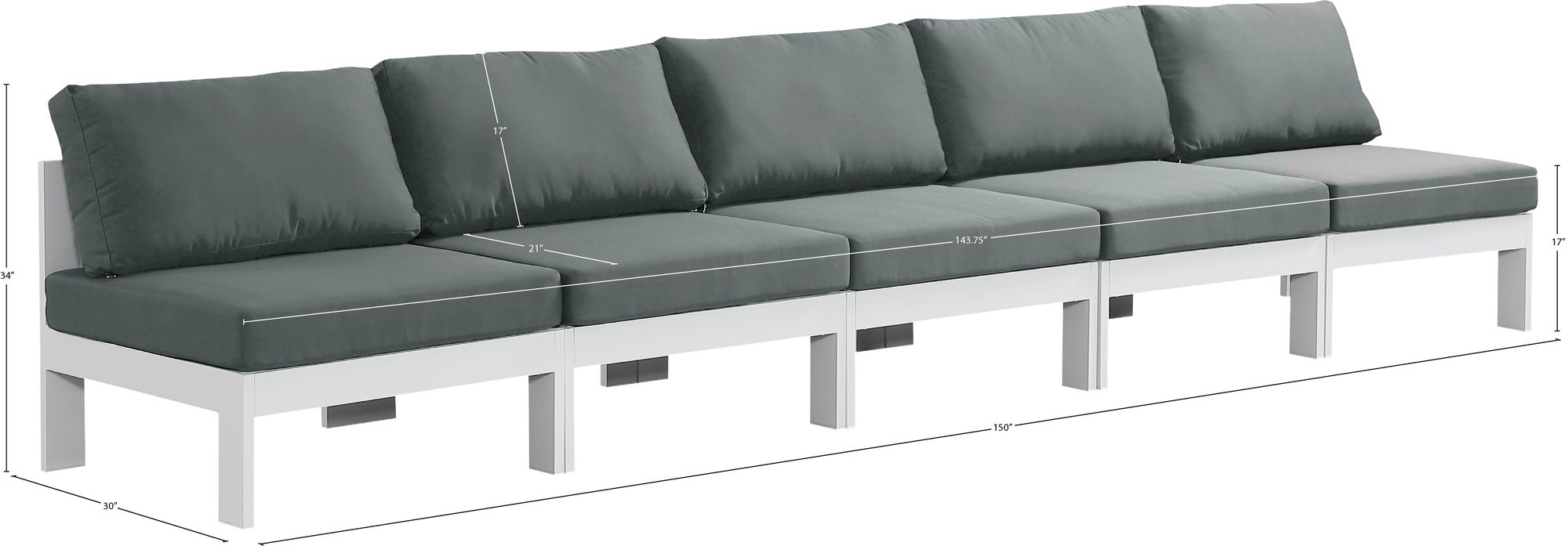 Nizuc 150" Outdoor Patio Waterproof Fabric Armless Modular Sofa with White Aluminum Frame