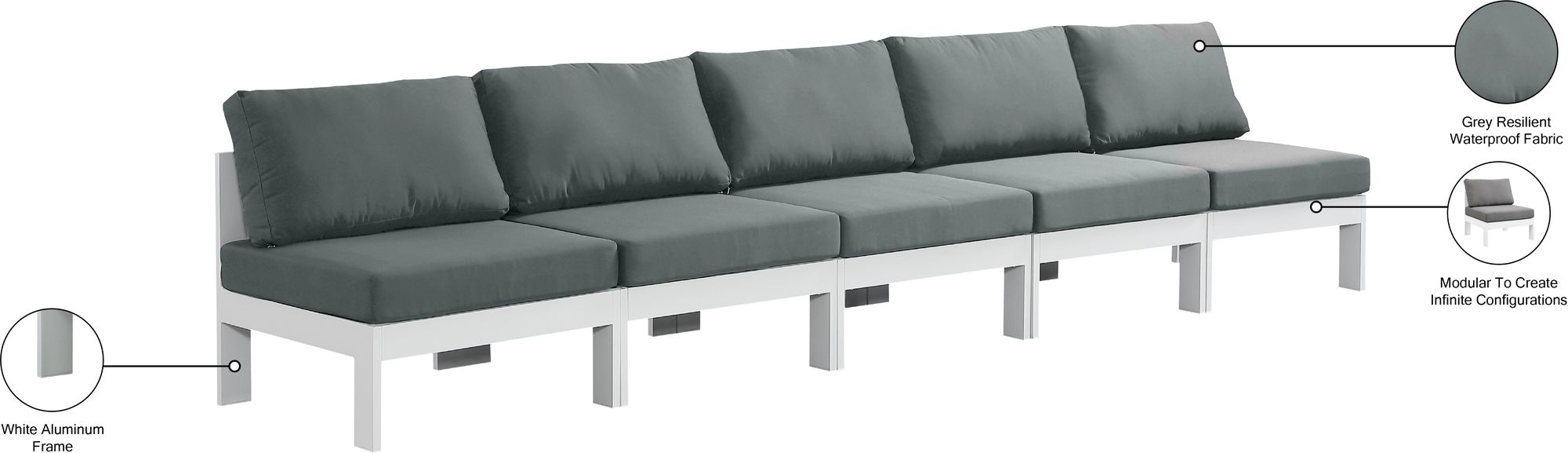 Nizuc 150" Outdoor Patio Waterproof Fabric Armless Modular Sofa with Aluminum Frame