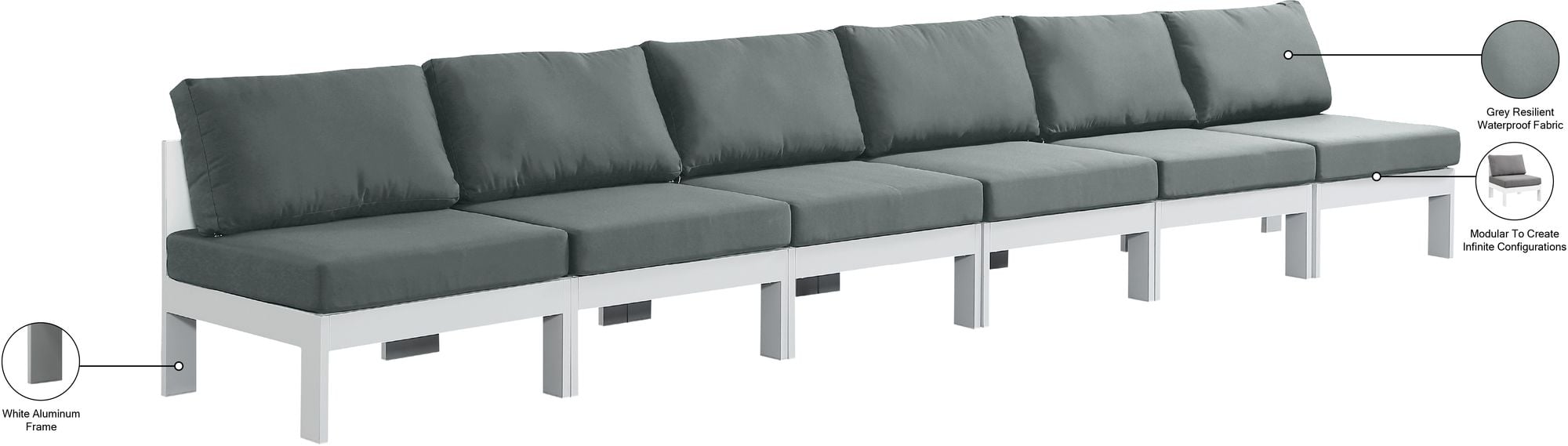 Nizuc 180" Outdoor Patio Waterproof Fabric Armless Modular Sofa with White Aluminum Frame