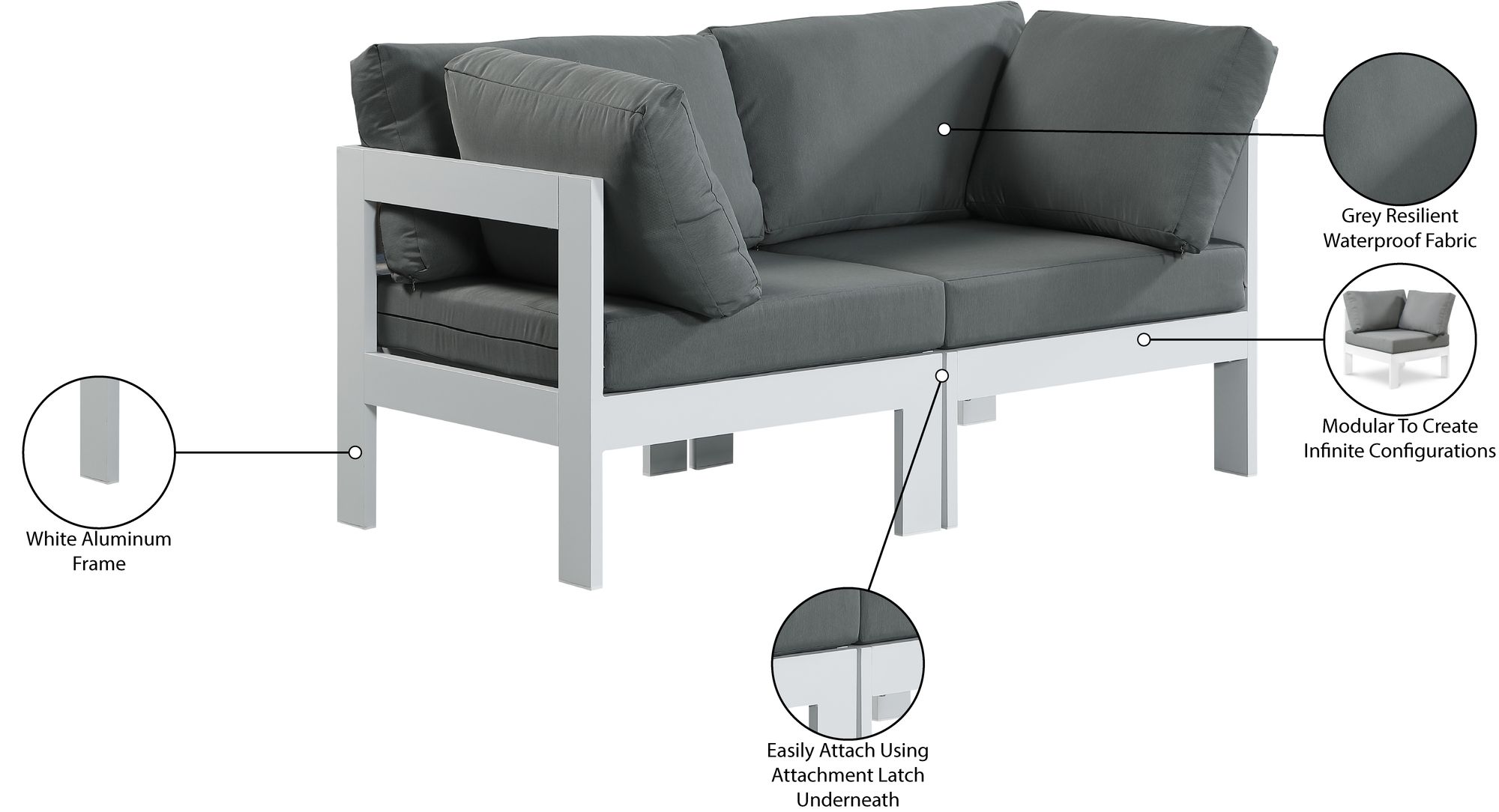 Nizuc 60" Outdoor Patio Waterproof Fabric Modular Sofa with White Aluminum Frame