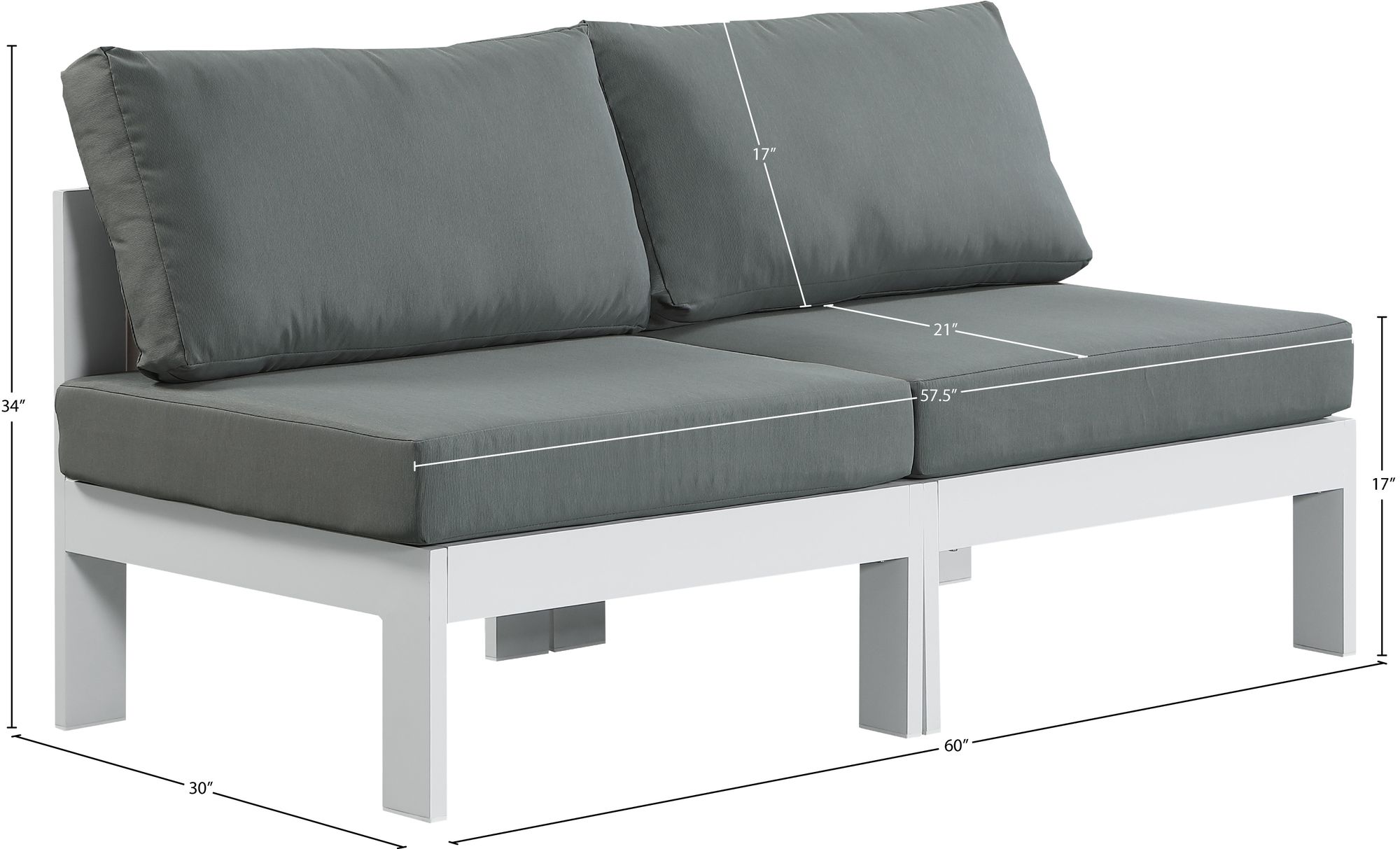 Nizuc 60" Outdoor Patio Waterproof Fabric Armless Modular Sofa with White Aluminum Frame