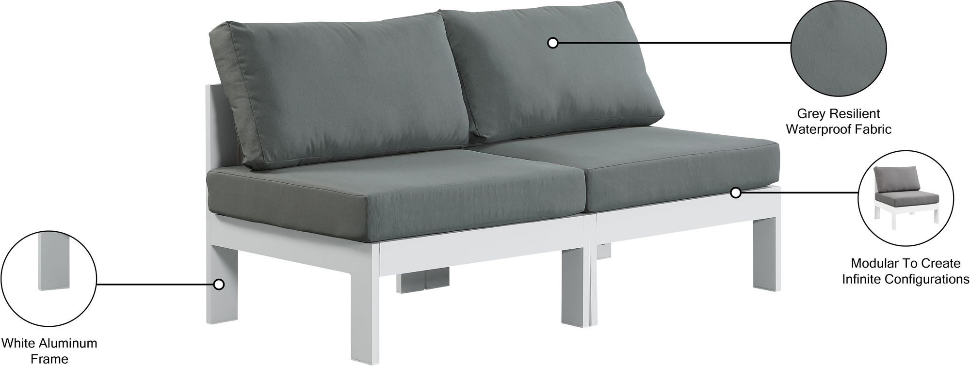 Nizuc 60" Outdoor Patio Waterproof Fabric Armless Modular Sofa with White Aluminum Frame