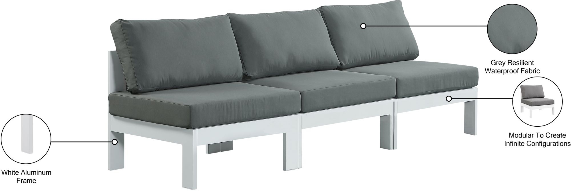 Nizuc 90" Outdoor Patio Waterproof Fabric Armless Modular Sofa with White Aluminum Frame