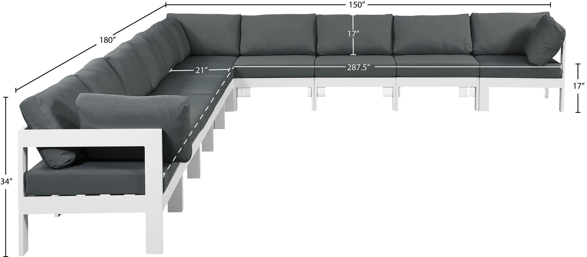 Nizuc 180" 10-Piece Outdoor Patio Waterproof Fabric Modular Sectional with White Aluminum Frame