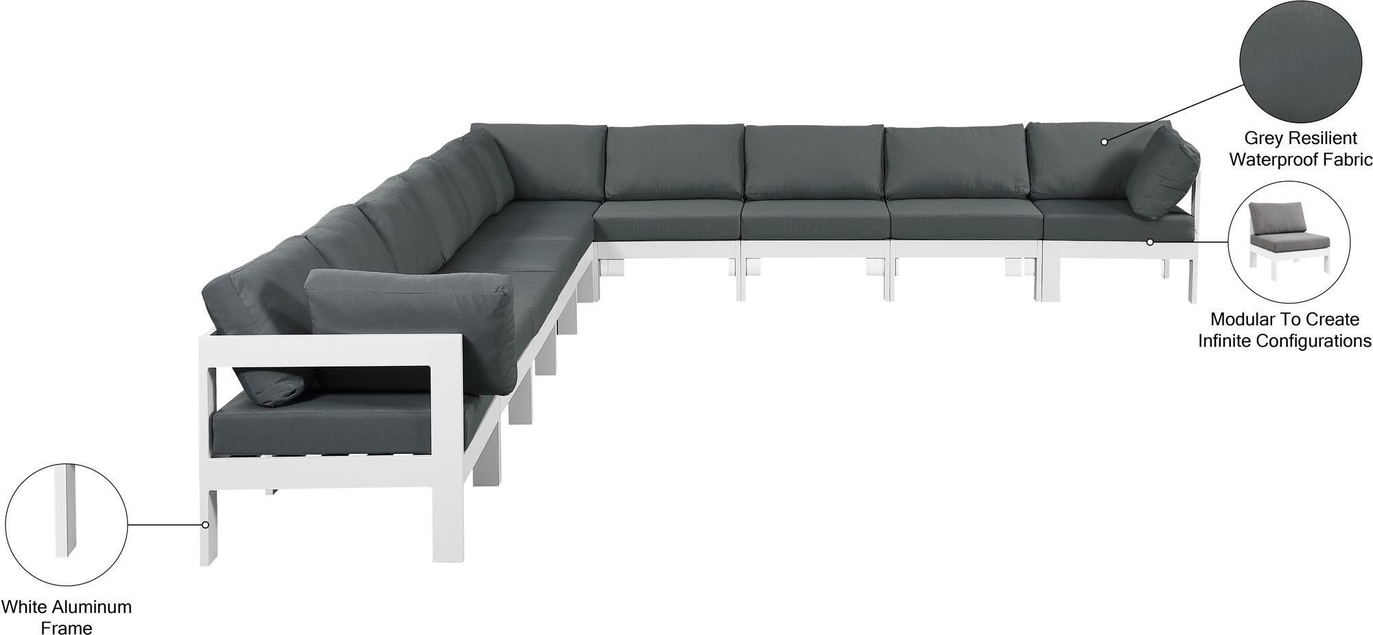 Nizuc 180" 10-Piece Outdoor Patio Waterproof Fabric Modular Sectional with Aluminum Frame
