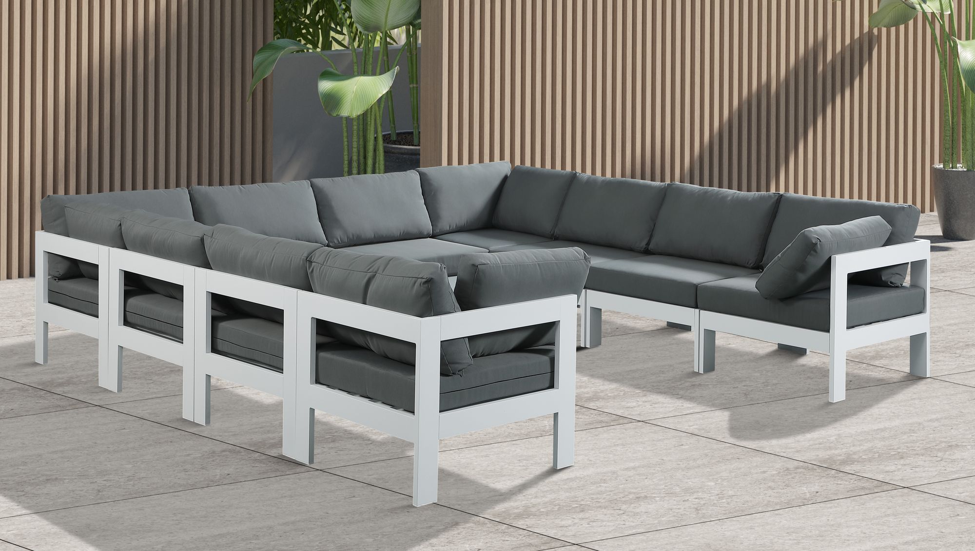 Nizuc 120" 10-Piece Outdoor Patio Waterproof Fabric Modular U-Shape Sectional with White Aluminum Frame