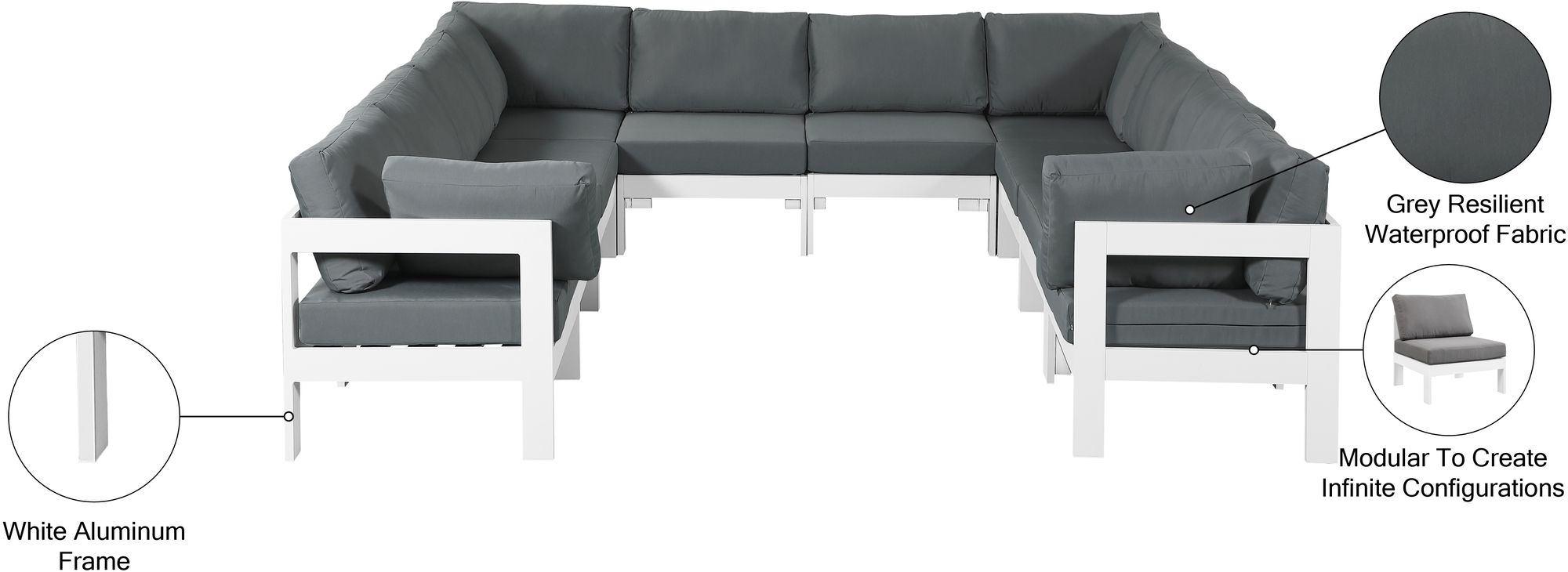 Nizuc 120" 10-Piece Outdoor Patio Waterproof Fabric Modular U-Shape Sectional with Aluminum Frame