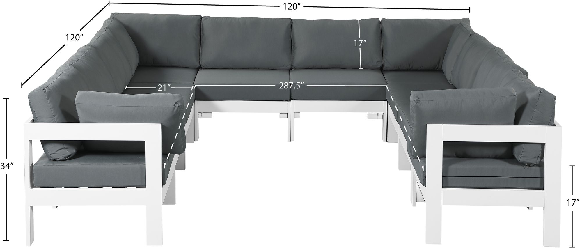 Nizuc 120" 10-Piece Outdoor Patio Waterproof Fabric Modular U-Shape Sectional with Aluminum Frame