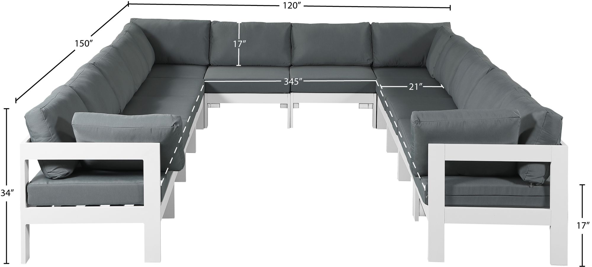 Nizuc 120" 12-Piece Outdoor Patio Waterproof Fabric Modular U-Shape Sectional with White Aluminum Frame