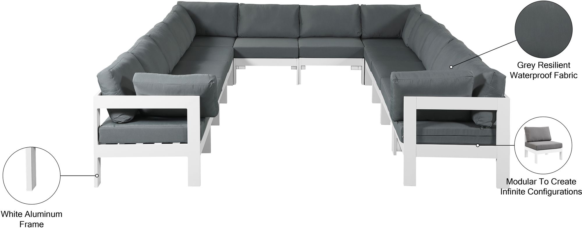Nizuc 120" 12-Piece Outdoor Patio Waterproof Fabric Modular U-Shape Sectional with White Aluminum Frame