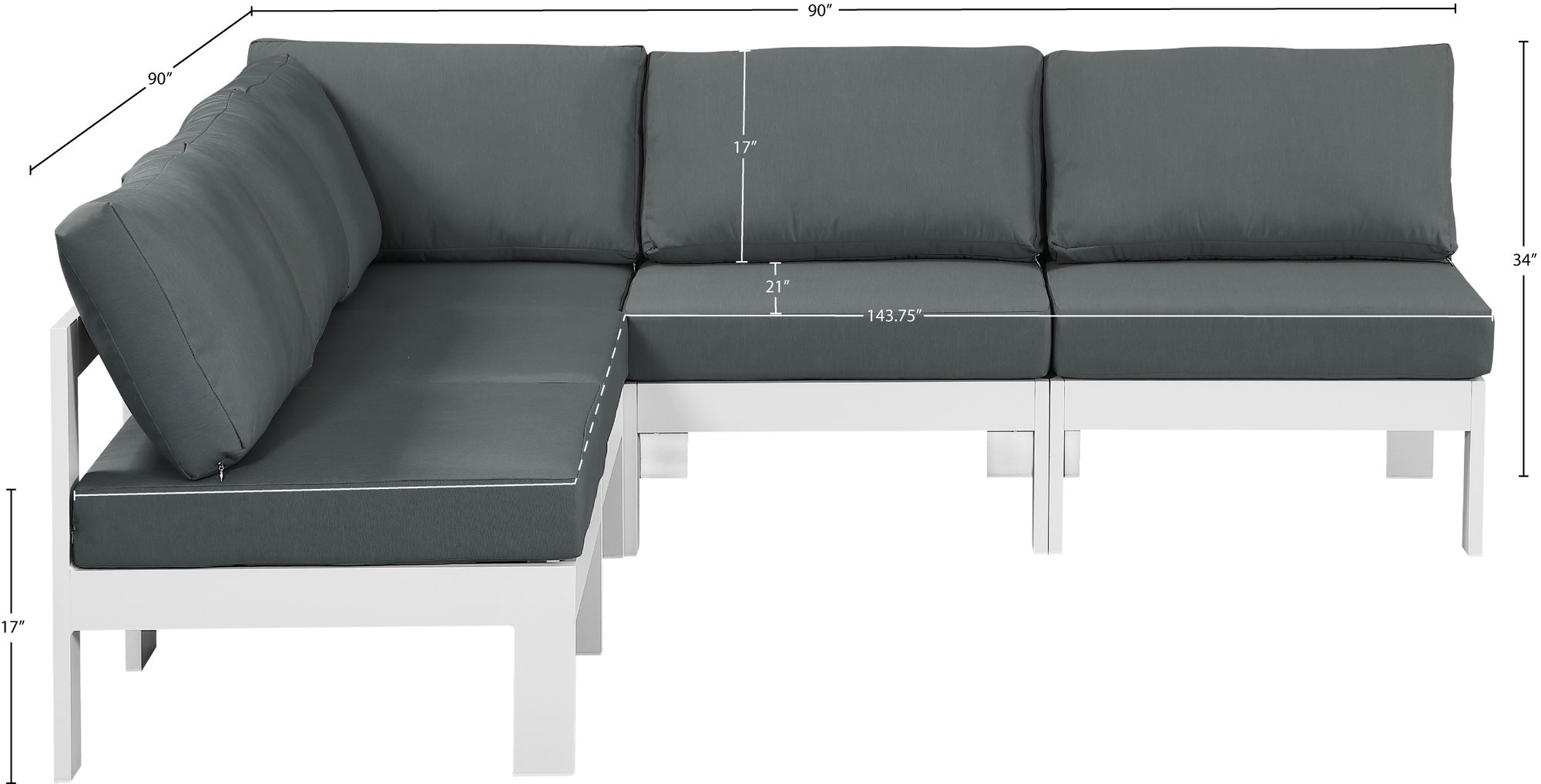 Nizuc 90" 5-Piece Outdoor Patio Waterproof Fabric Modular Armless Sectional with White Aluminum Frame