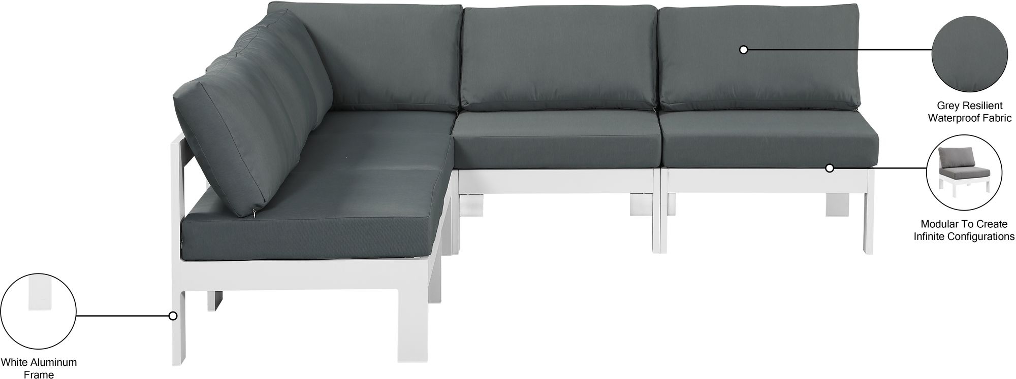 Nizuc 90" 5-Piece Outdoor Patio Waterproof Fabric Modular Armless Sectional with Aluminum Frame