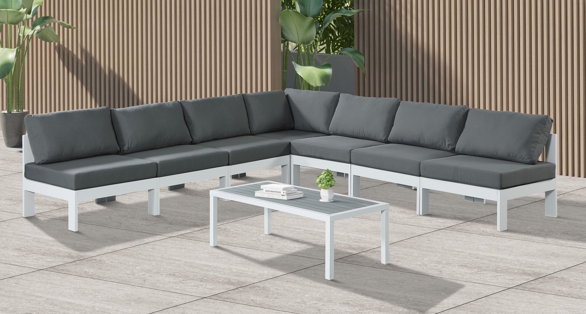 Nizuc 120" 7-Piece Outdoor Patio Waterproof Fabric Modular Armless Sectional with White Aluminum Frame