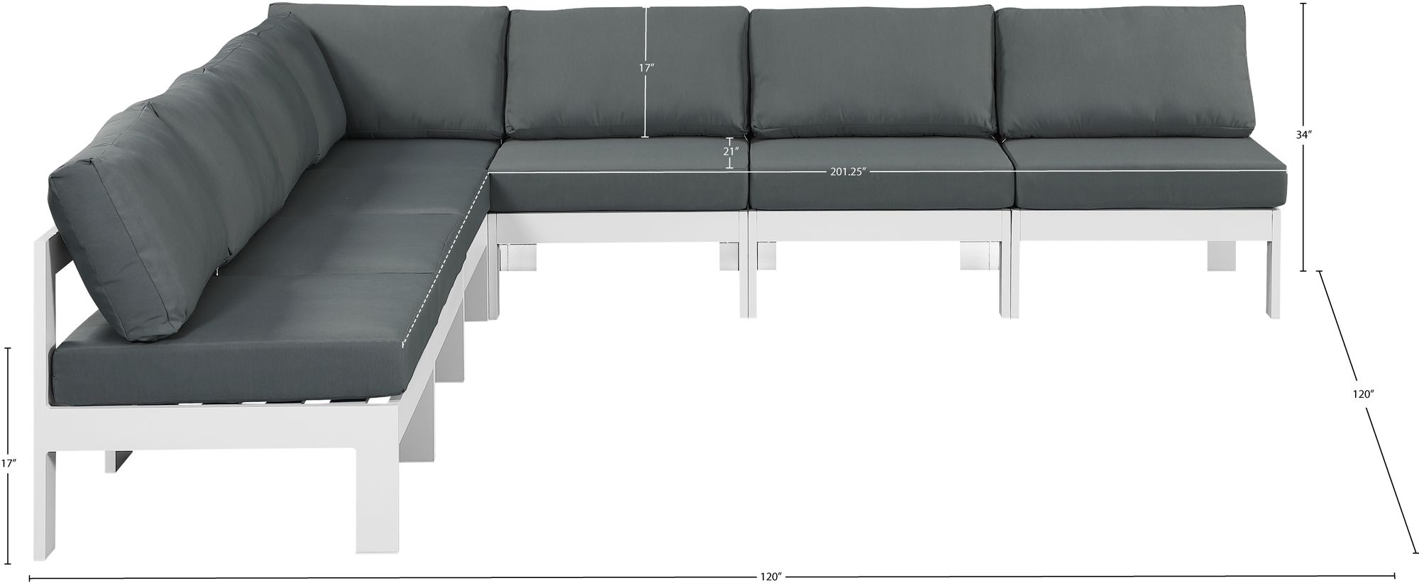 Nizuc 120" 7-Piece Outdoor Patio Waterproof Fabric Modular Armless Sectional with White Aluminum Frame