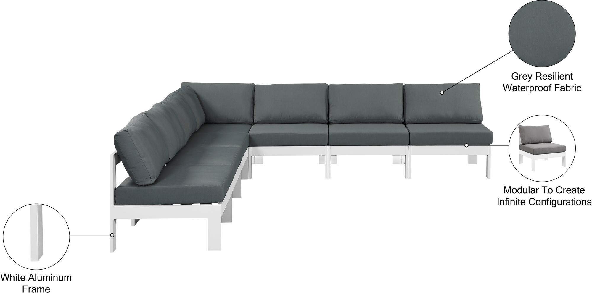 Nizuc 120" 7-Piece Outdoor Patio Waterproof Fabric Modular Armless Sectional with Aluminum Frame